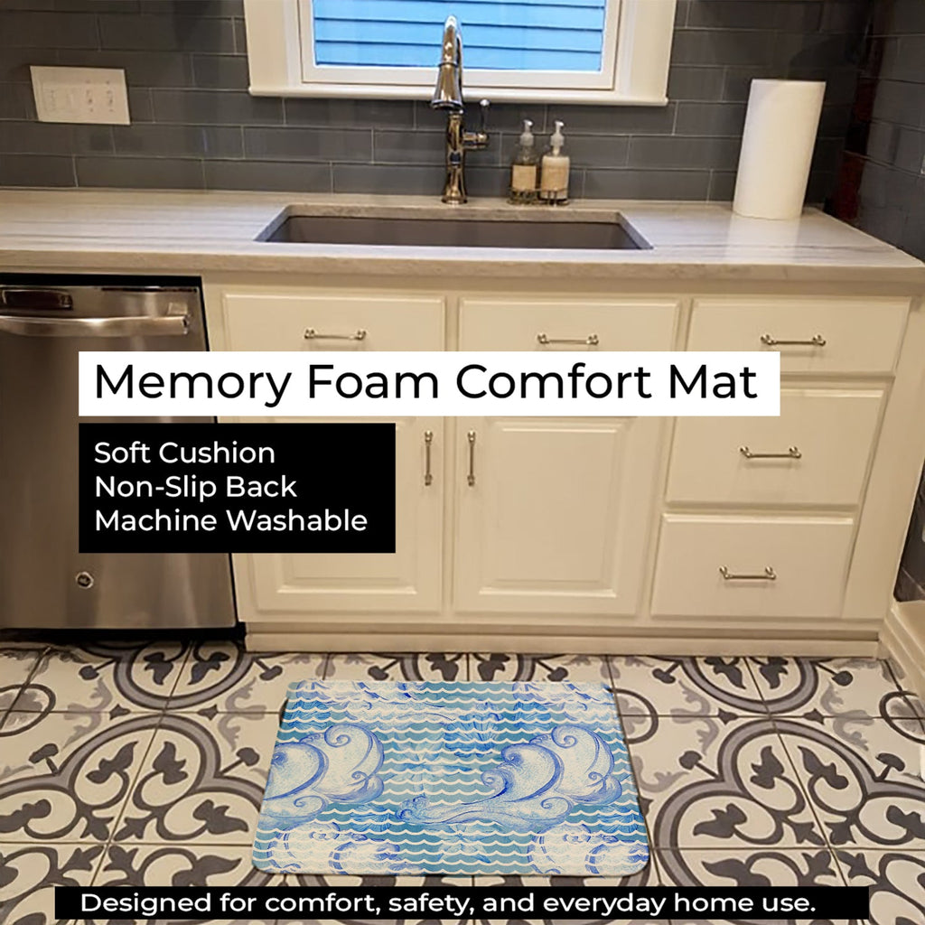 Beach Watercolor Abstract Waves Memory Foam Kitchen Mat Machine Washable Anti-Fatigue Cushion Comfort Bath or Kitchen Rug