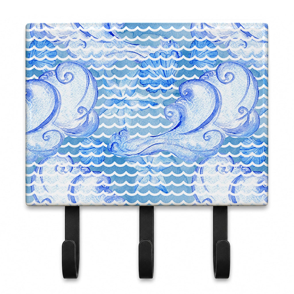 Beach Watercolor Abstract Waves Leash or Key Holder Wall Hooks, Coat Rack Wall Mount, for Hanging Keys, Towels, Aprons, Leashes
