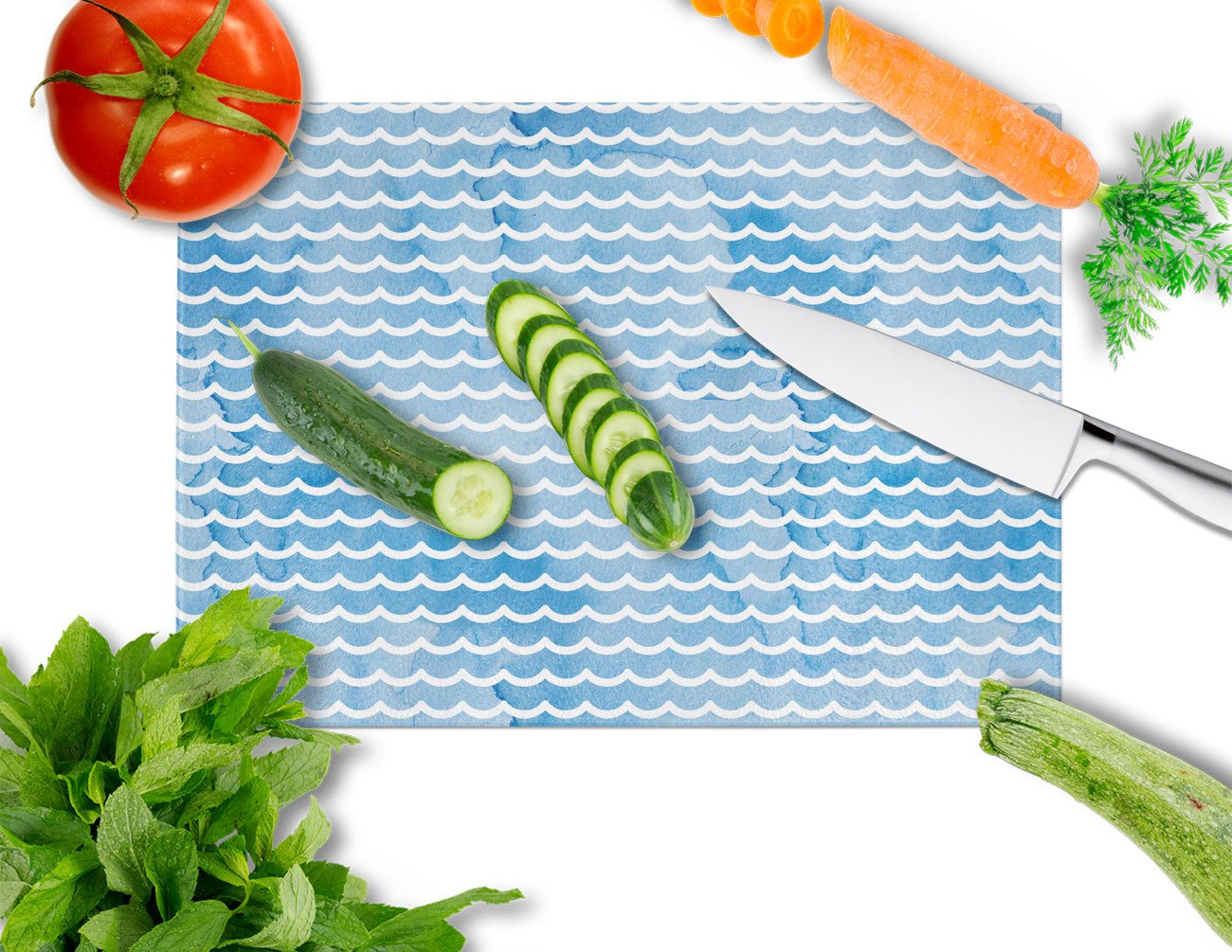 Beach Watercolor Waves Cutting Board Tempered Glass Kitchen Cutting Surface, Heat Resistant Chopping, Non-Slip Feet, Food Prep & Serving