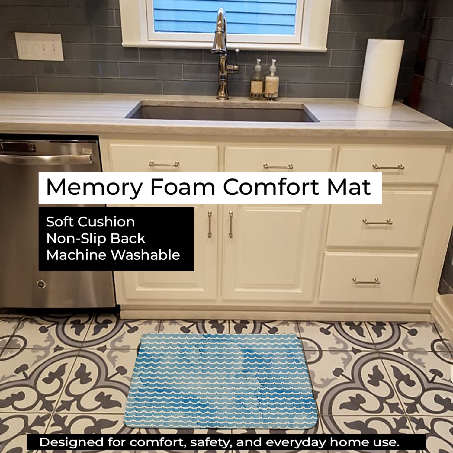 Beach Watercolor Waves Memory Foam Kitchen Mat Machine Washable Anti-Fatigue Cushion Comfort Bath or Kitchen Rug