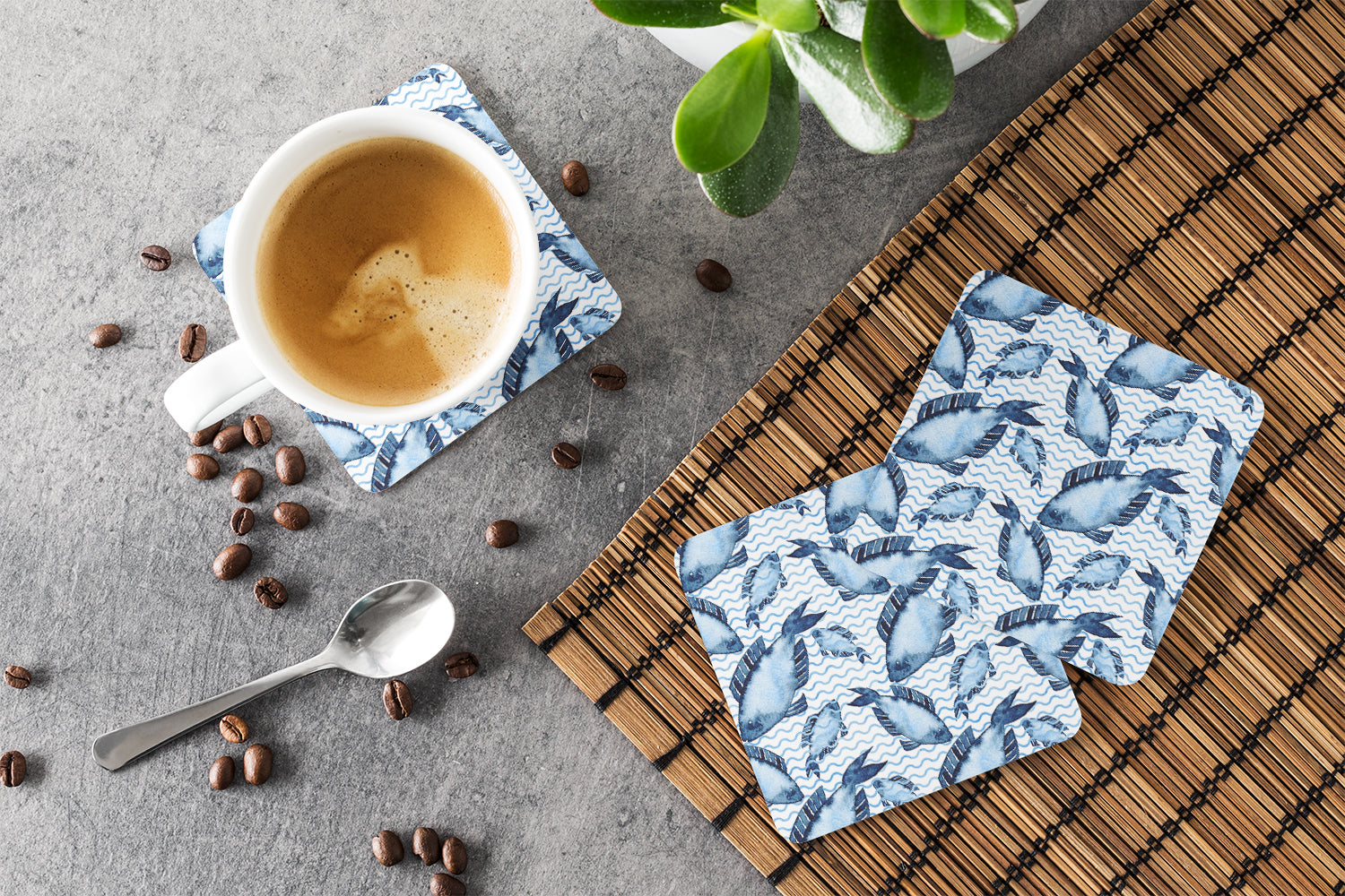 Beach Watercolor Fishes Foam Coasters Set of 4 Cup Coasters for Indoor Outdoor, Tabletop Protection, Anti Slip, Mouse pad Material