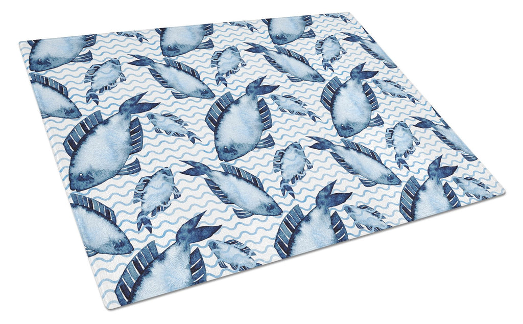 Beach Watercolor Fishes Cutting Board Tempered Glass Kitchen Cutting Surface, Heat Resistant Chopping, Non-Slip Feet, Food Prep & Serving