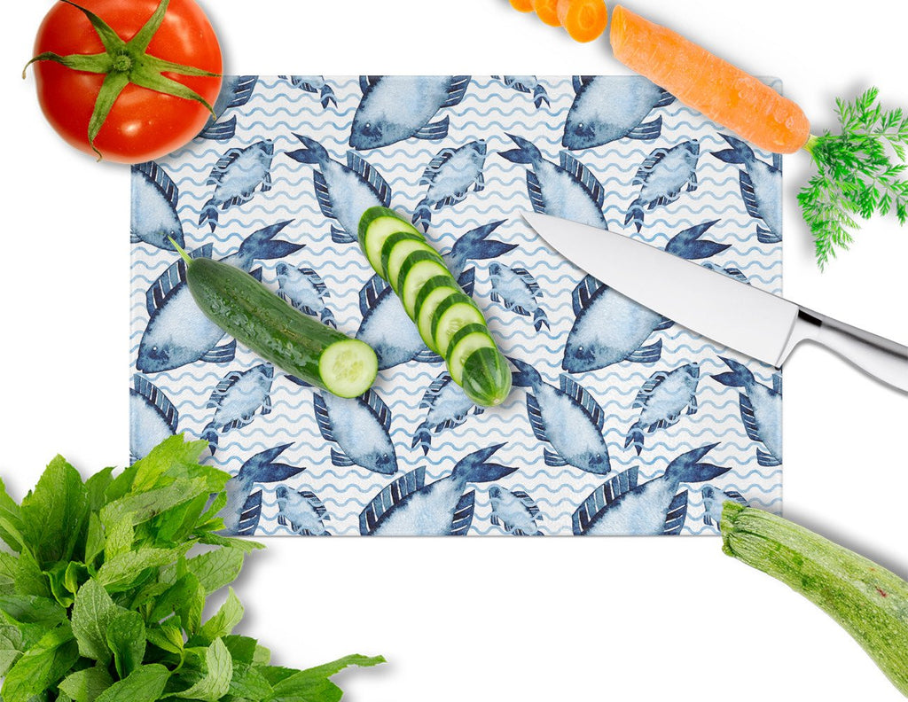 Beach Watercolor Fishes Cutting Board Tempered Glass Kitchen Cutting Surface, Heat Resistant Chopping, Non-Slip Feet, Food Prep & Serving