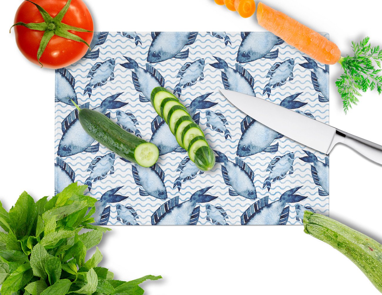 Beach Watercolor Fishes Cutting Board Tempered Glass Kitchen Cutting Surface, Heat Resistant Chopping, Non-Slip Feet, Food Prep & Serving