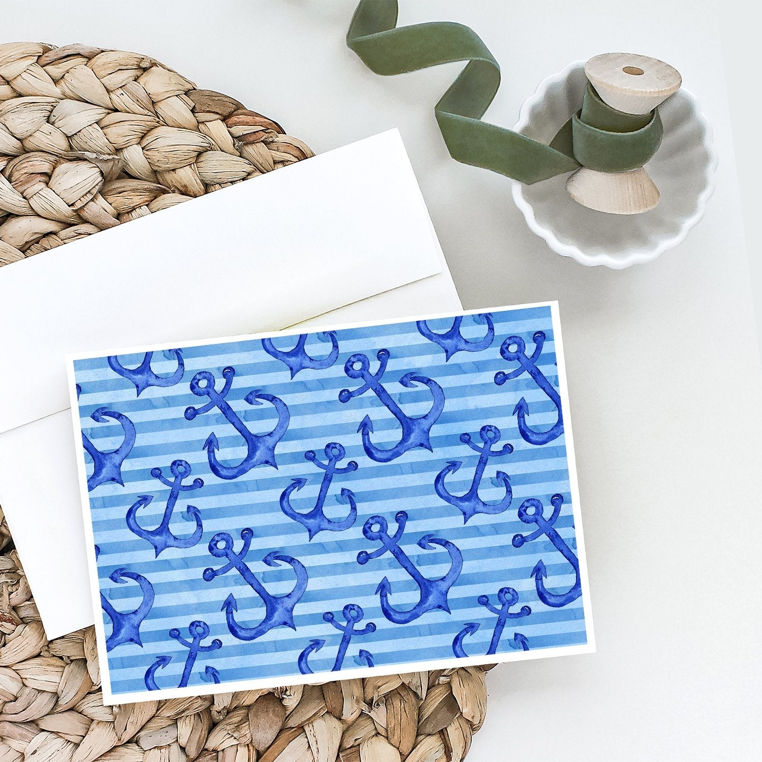 Beach Watercolor Anchors Greeting Cards Pack of 8 Blank Cards with Envelopes Whimsical A7 Size 5x7