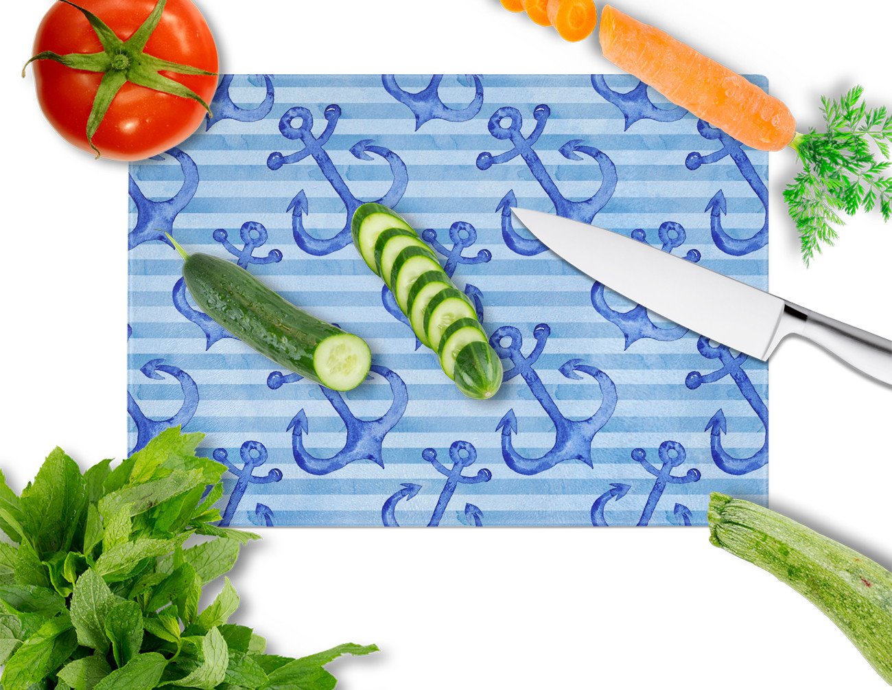 Beach Watercolor Anchors Cutting Board Tempered Glass Kitchen Cutting Surface, Heat Resistant Chopping, Non-Slip Feet, Food Prep & Serving