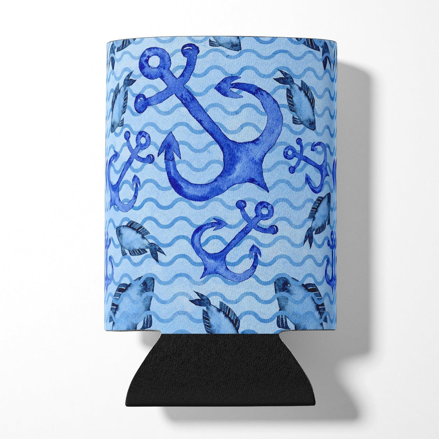 Beach Watercolor Anchors and Fish Can or Bottle Hugger Cooler Sleeve for Standard 12 oz Cans, Insulated Foam Beer & Soda Can Hugger Reusable