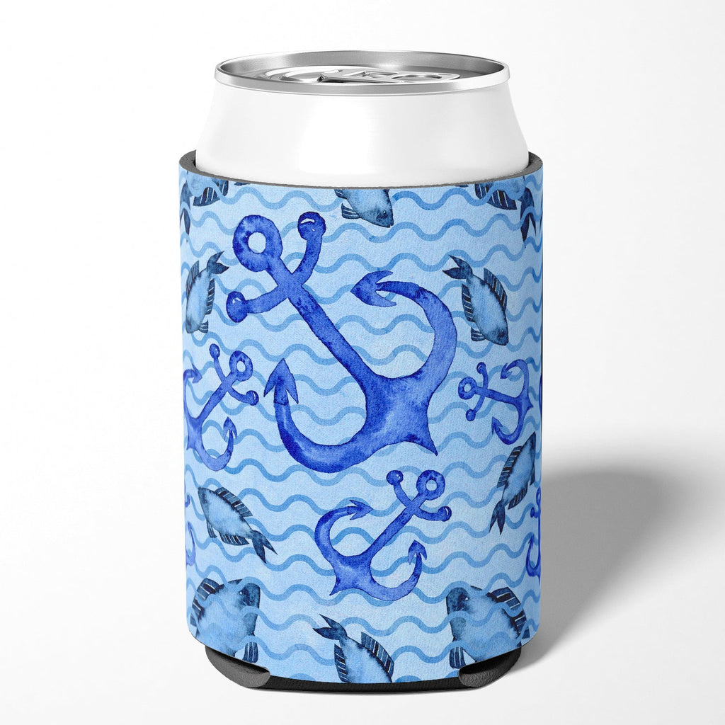 Beach Watercolor Anchors and Fish Can or Bottle Hugger Cooler Sleeve for Standard 12 oz Cans, Insulated Foam Beer & Soda Can Hugger Reusable