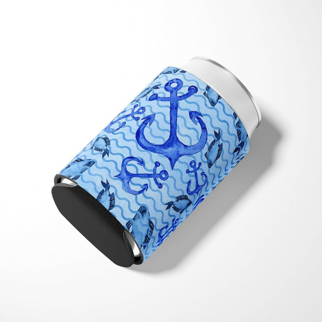 Beach Watercolor Anchors and Fish Can or Bottle Hugger Cooler Sleeve for Standard 12 oz Cans, Insulated Foam Beer & Soda Can Hugger Reusable