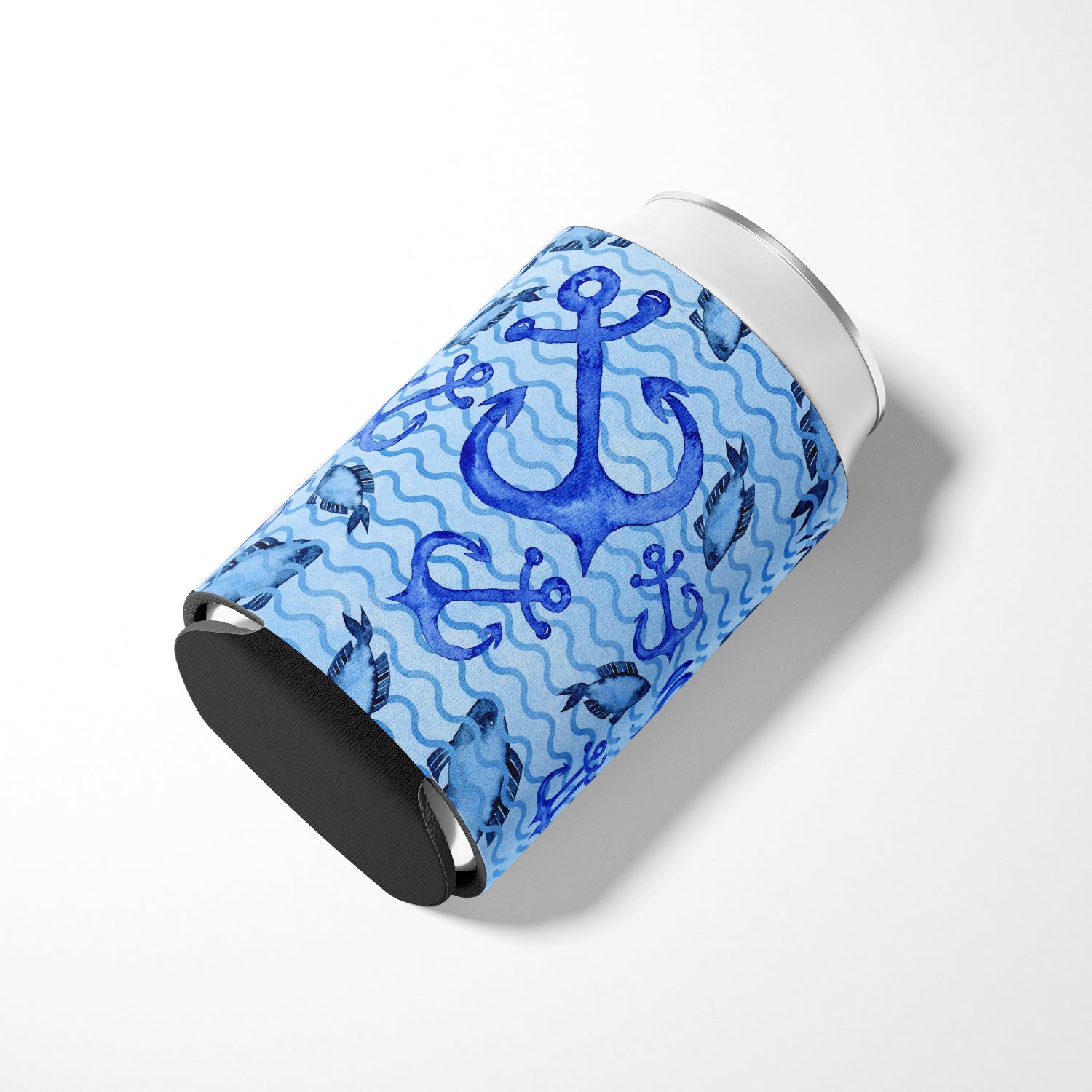 Beach Watercolor Anchors and Fish Can or Bottle Hugger Cooler Sleeve for Standard 12 oz Cans, Insulated Foam Beer & Soda Can Hugger Reusable
