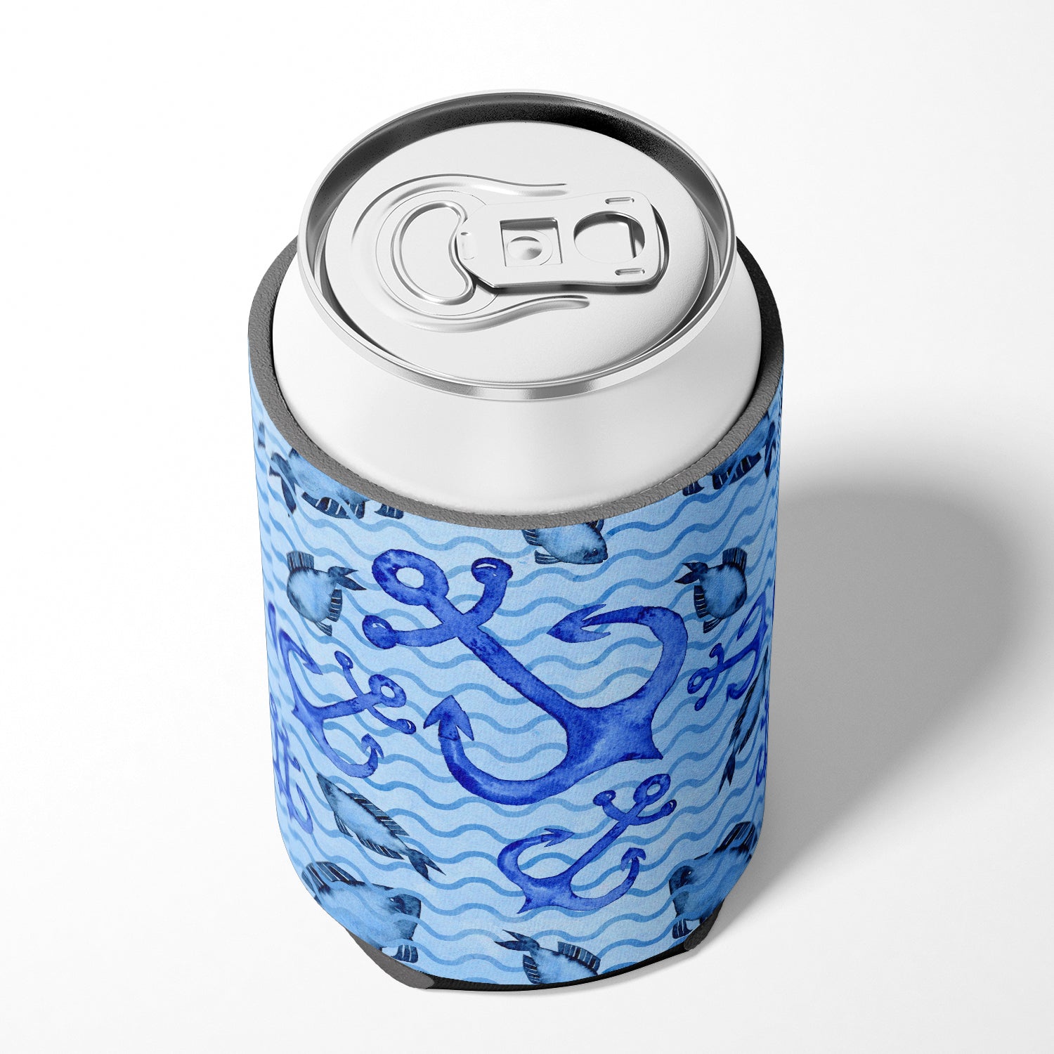 Beach Watercolor Anchors and Fish Can or Bottle Hugger Cooler Sleeve for Standard 12 oz Cans, Insulated Foam Beer & Soda Can Hugger Reusable