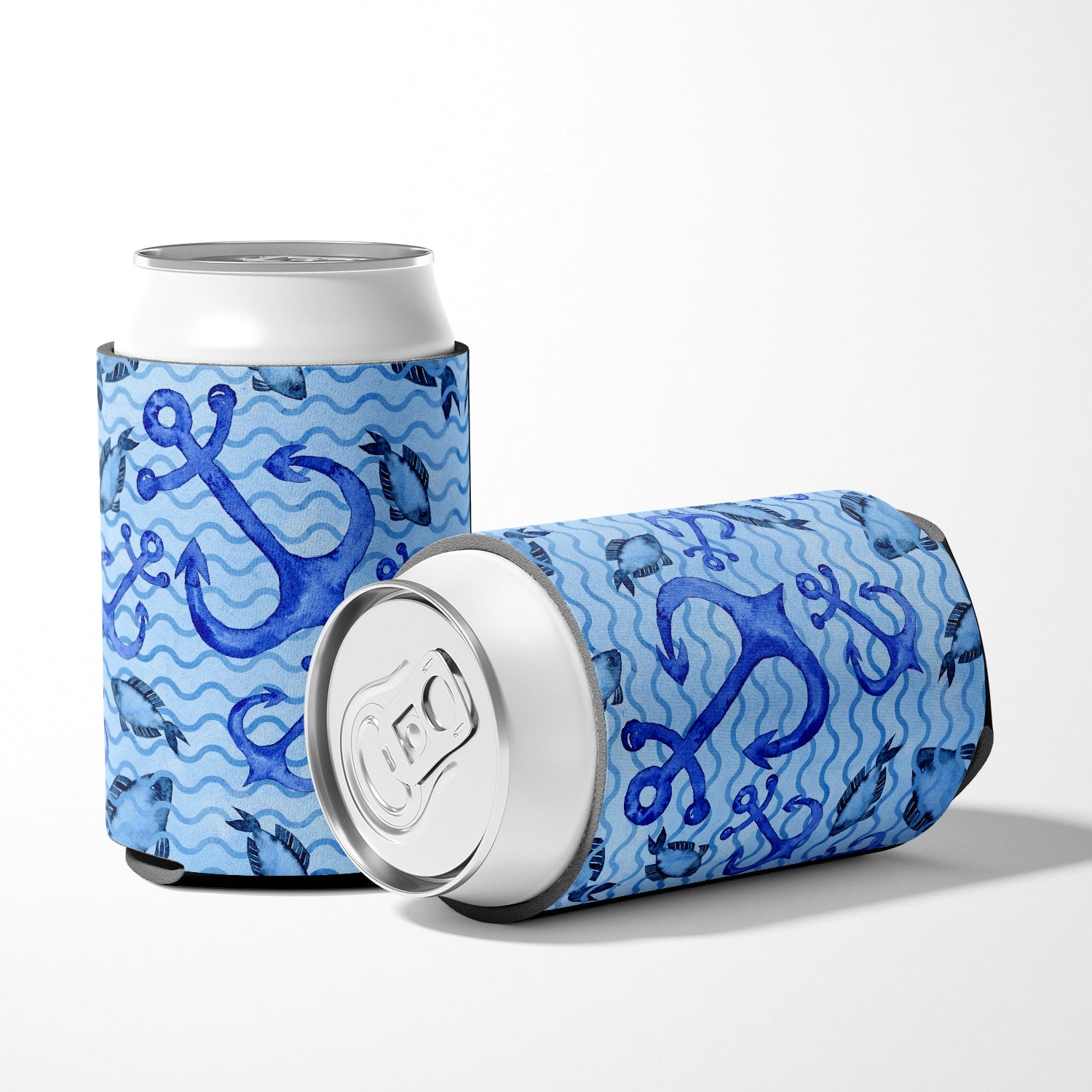 Beach Watercolor Anchors and Fish Can or Bottle Hugger Cooler Sleeve for Standard 12 oz Cans, Insulated Foam Beer & Soda Can Hugger Reusable