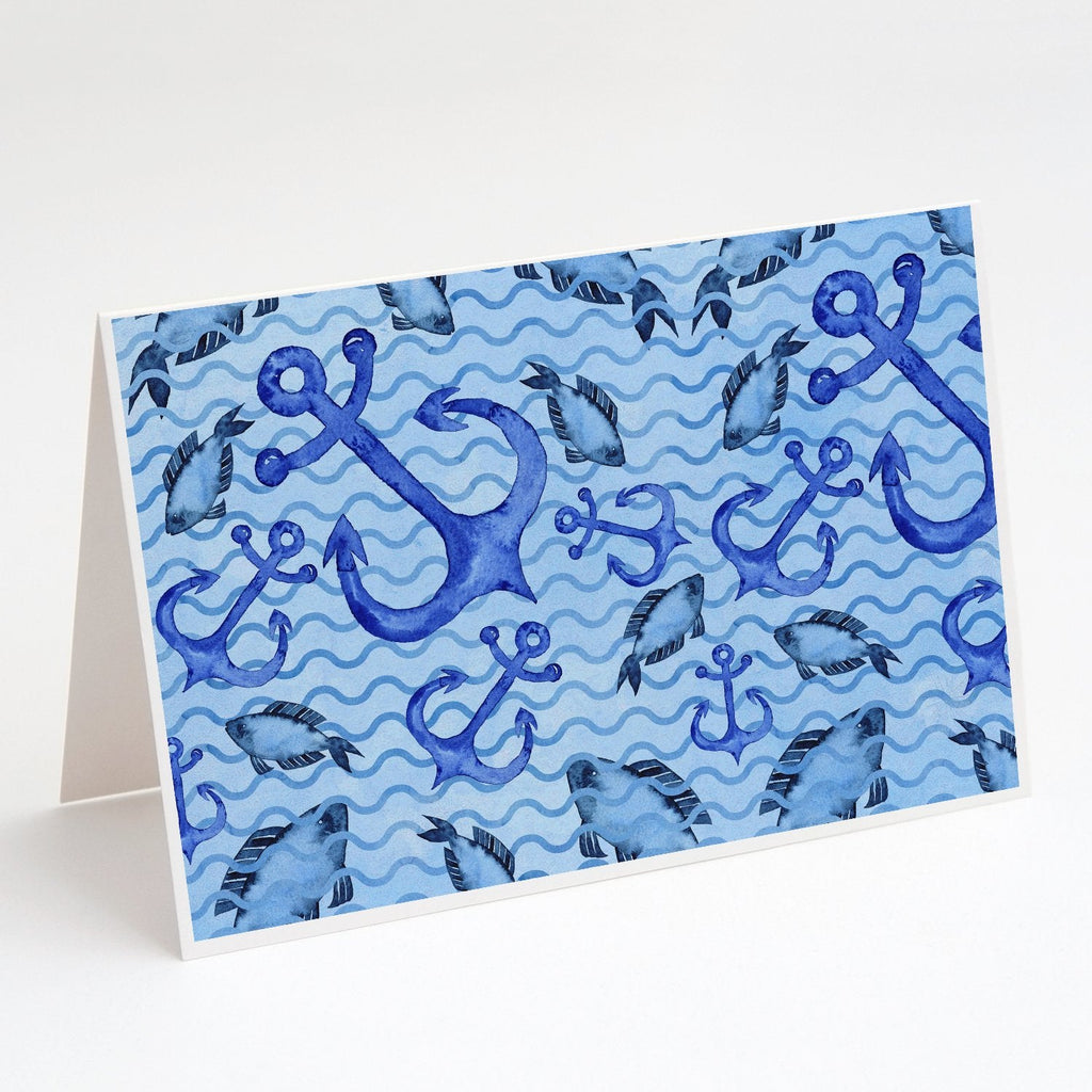Beach Watercolor Anchors and Fish Greeting Cards Pack of 8 Blank Cards with Envelopes Whimsical A7 Size 5x7