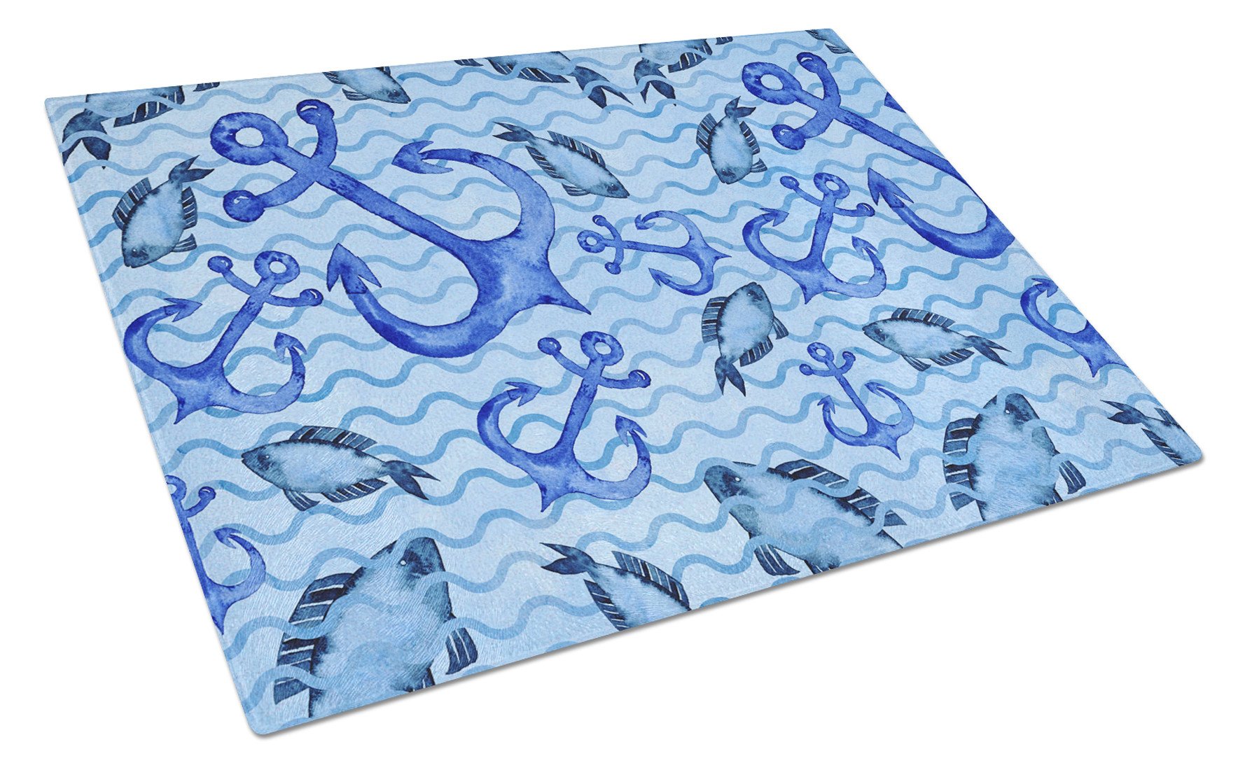 Beach Watercolor Anchors and Fish Cutting Board Tempered Glass Kitchen Cutting Surface, Heat Resistant Chopping, Non-Slip Feet, Food Prep & Serving