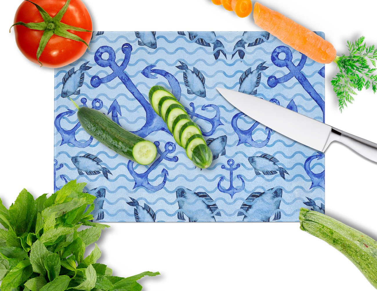 Beach Watercolor Anchors and Fish Cutting Board Tempered Glass Kitchen Cutting Surface, Heat Resistant Chopping, Non-Slip Feet, Food Prep & Serving