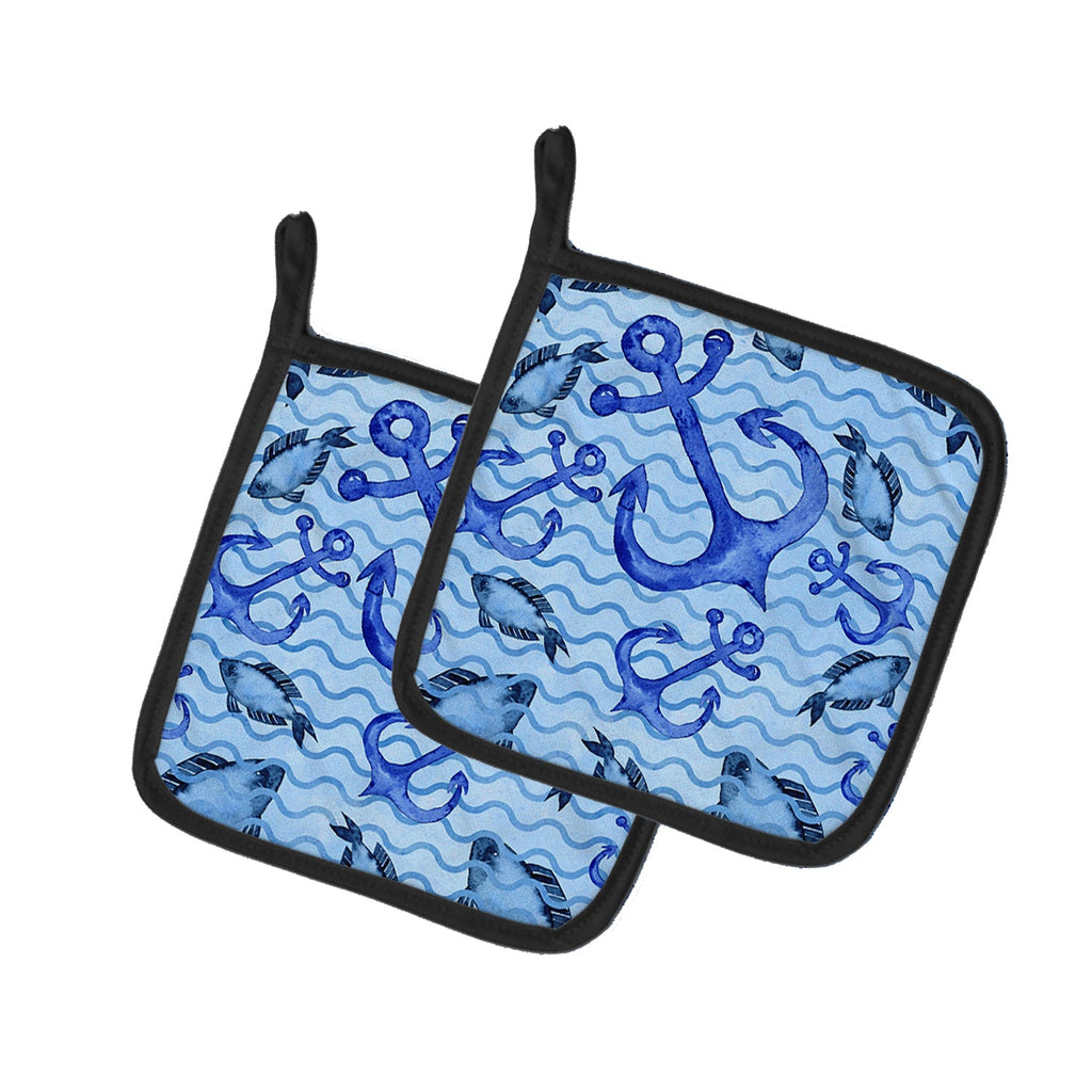 Beach Watercolor Anchors and Fish Pot Holder Set of 2 Heat Resistant Quilted Hot Pads 7.5 x 7.5 Inch, Insulated Kitchen Trivets for Cooking & Baking