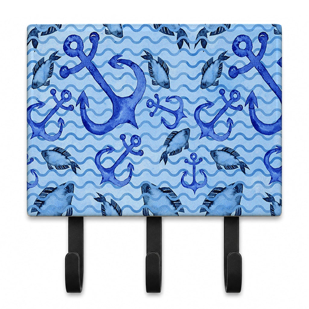 Beach Watercolor Anchors and Fish Leash or Key Holder Wall Hooks, Coat Rack Wall Mount, for Hanging Keys, Towels, Aprons, Leashes