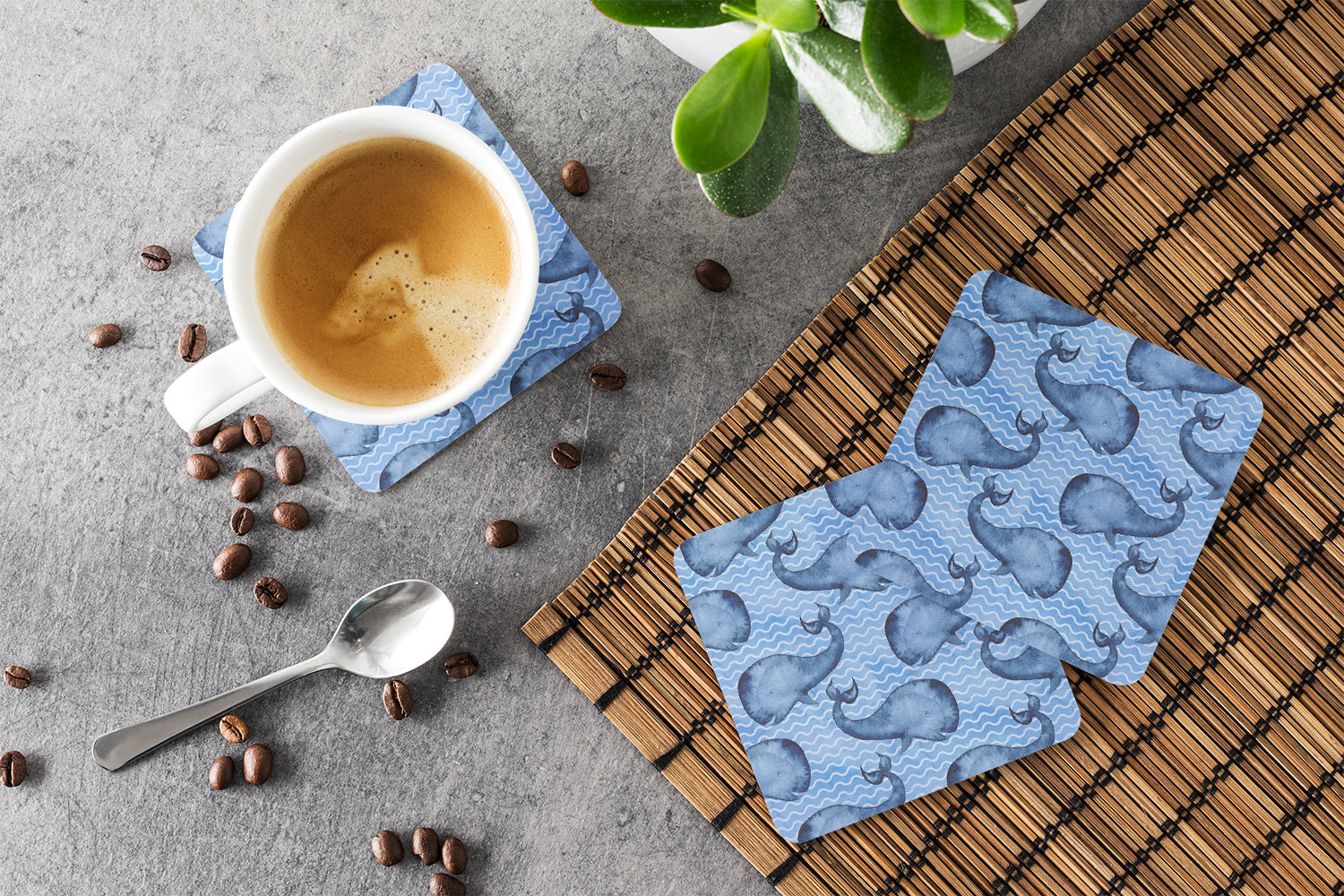 Beach Watercolor Whales Foam Coasters Set of 4 Cup Coasters for Indoor Outdoor, Tabletop Protection, Anti Slip, Mouse pad Material