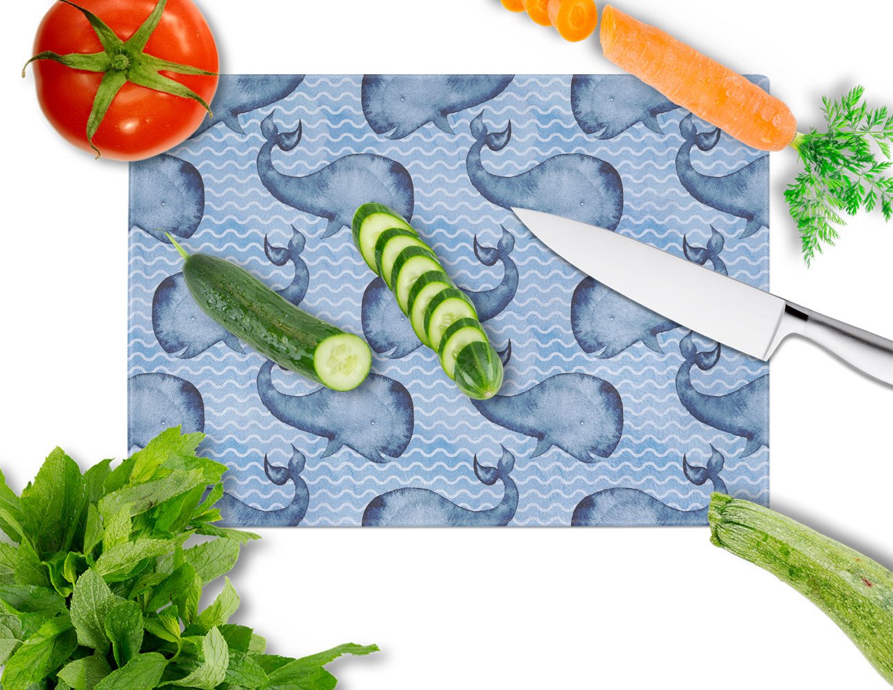 Beach Watercolor Whales Cutting Board Tempered Glass Kitchen Cutting Surface, Heat Resistant Chopping, Non-Slip Feet, Food Prep & Serving