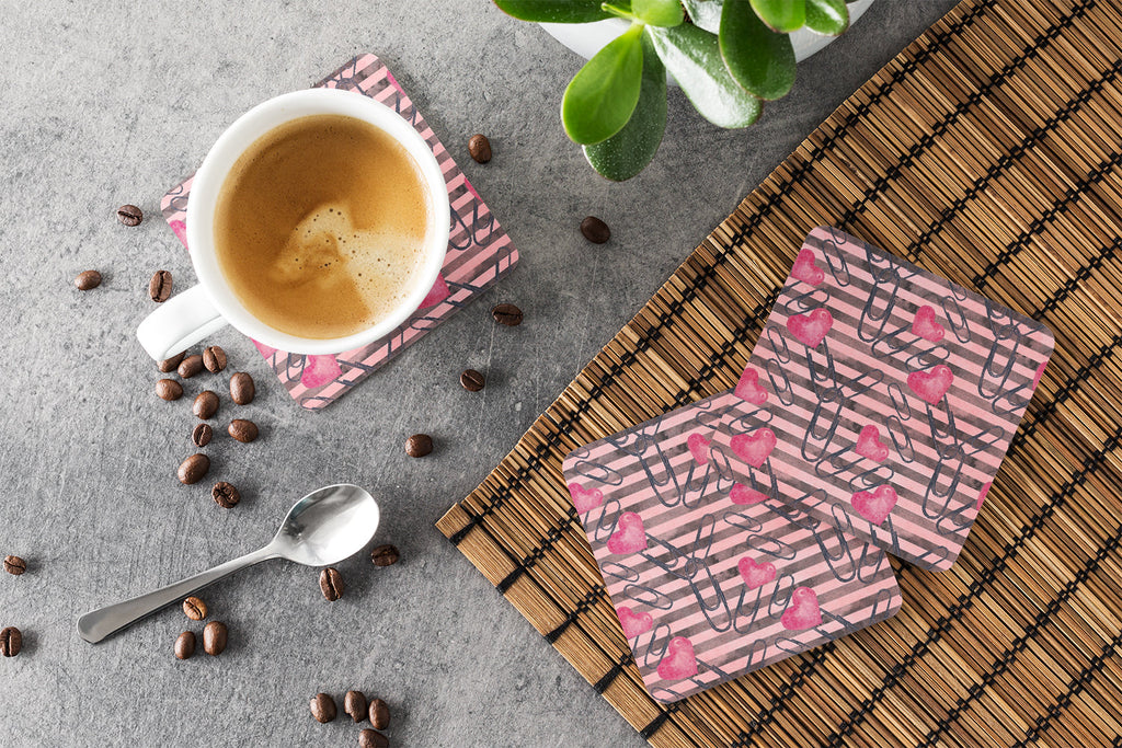 Watercolor Heart Paper Clips Foam Coasters Set of 4 Cup Coasters for Indoor Outdoor, Tabletop Protection, Anti Slip, Mouse pad Material