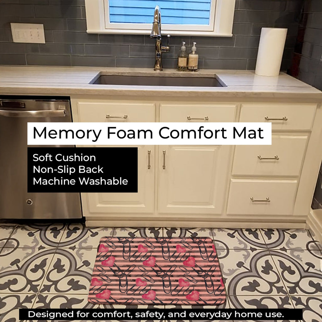 Watercolor Heart Paper Clips Memory Foam Kitchen Mat Machine Washable Anti-Fatigue Cushion Comfort Bath or Kitchen Rug
