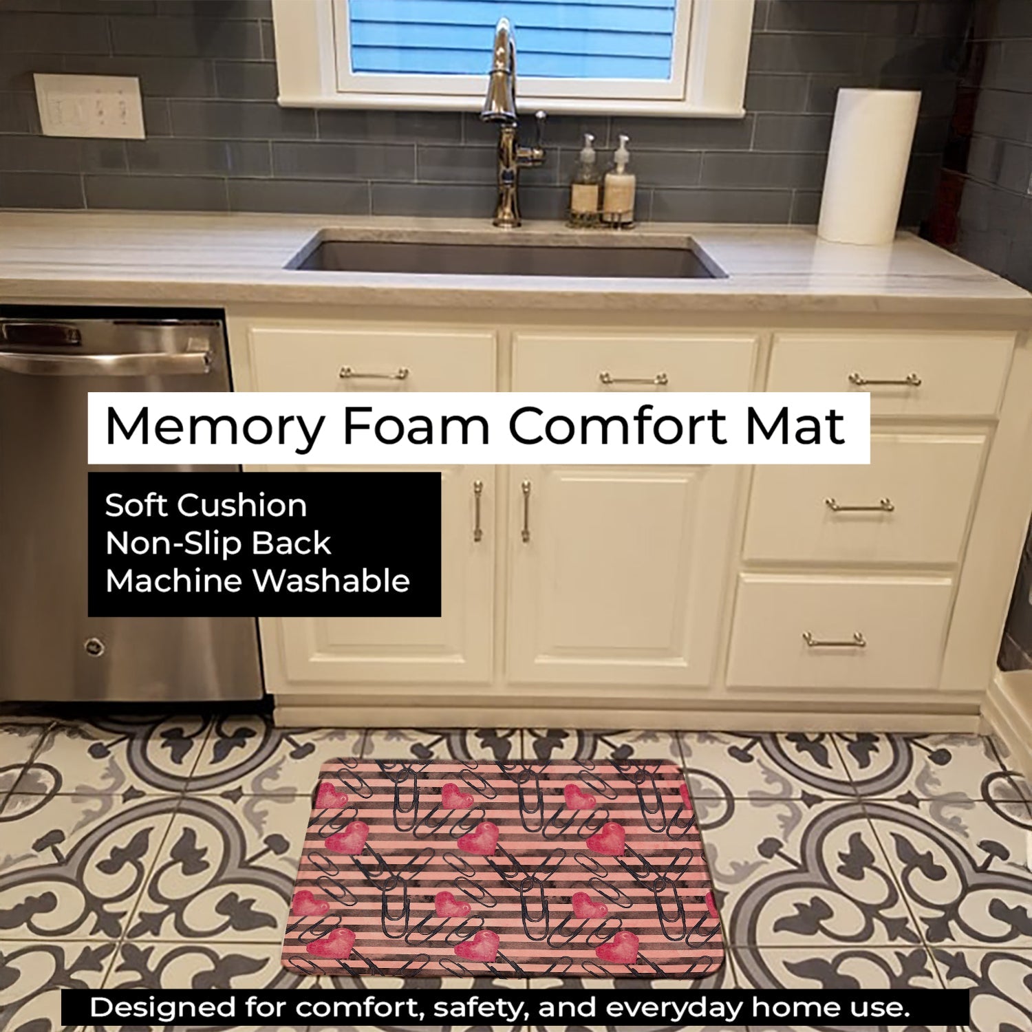 Watercolor Heart Paper Clips Memory Foam Kitchen Mat Machine Washable Anti-Fatigue Cushion Comfort Bath or Kitchen Rug