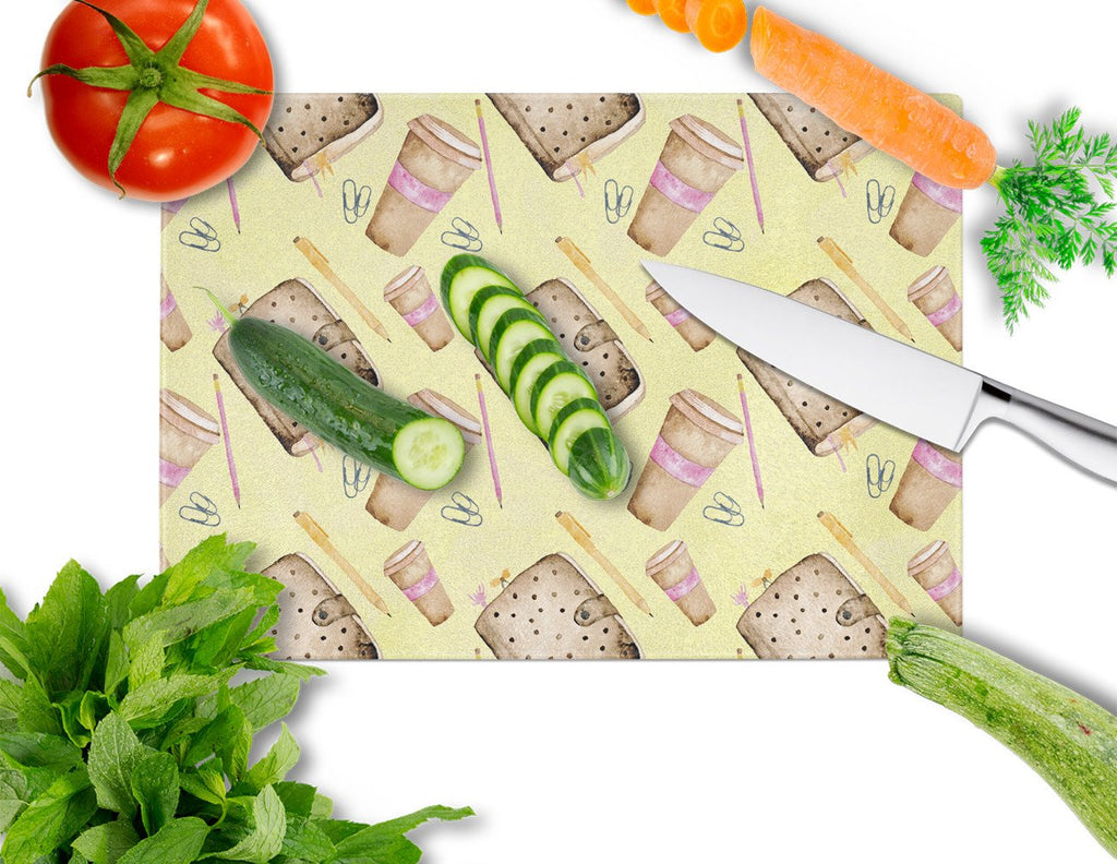 Watercolor Coffee and Journal Cutting Board Tempered Glass Kitchen Cutting Surface, Heat Resistant Chopping, Non-Slip Feet, Food Prep & Serving