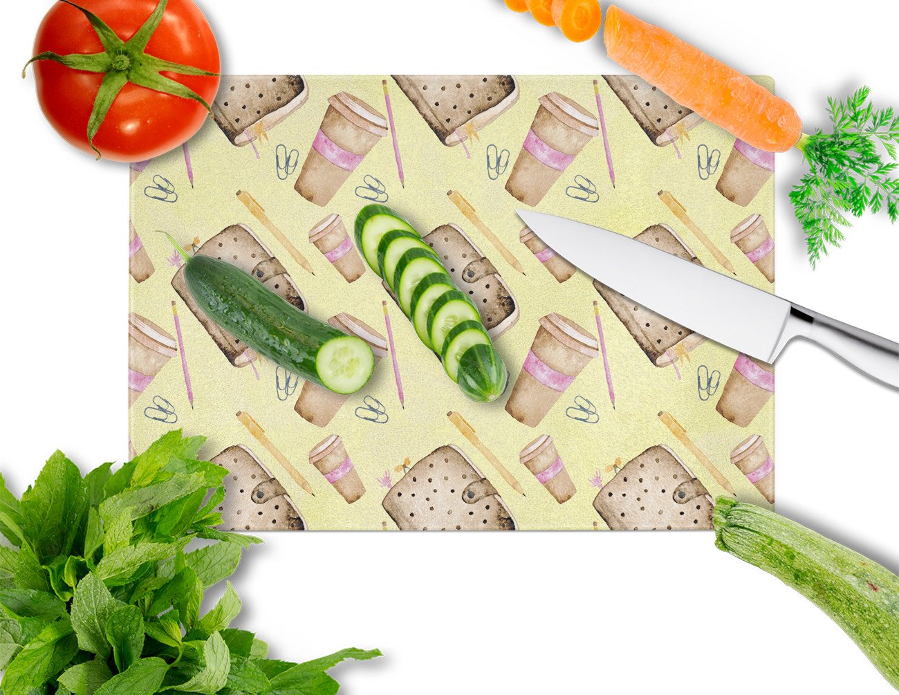 Watercolor Coffee and Journal Cutting Board Tempered Glass Kitchen Cutting Surface, Heat Resistant Chopping, Non-Slip Feet, Food Prep & Serving
