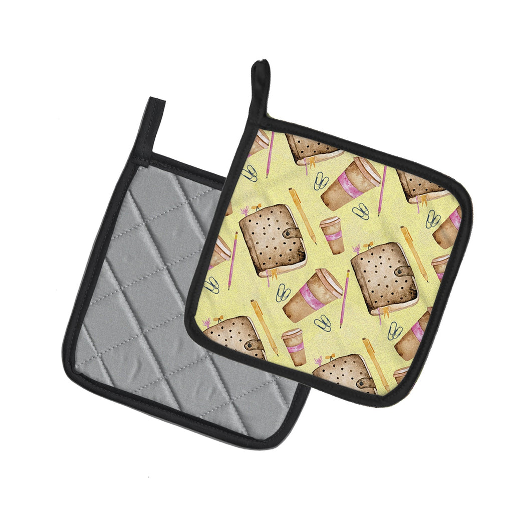 Watercolor Coffee and Journal Pot Holder Set of 2 Heat Resistant Quilted Hot Pads 7.5 x 7.5 Inch, Insulated Kitchen Trivets for Cooking & Baking