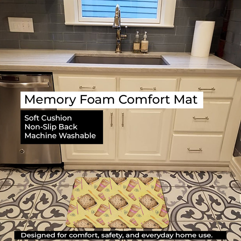 Watercolor Coffee and Journal Memory Foam Kitchen Mat Machine Washable Anti-Fatigue Cushion Comfort Bath or Kitchen Rug