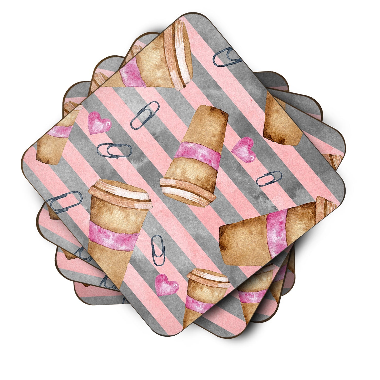 Watercolor Coffee and Paper Clips Foam Coasters Set of 4 Cup Coasters for Indoor Outdoor, Tabletop Protection, Anti Slip, Mouse pad Material