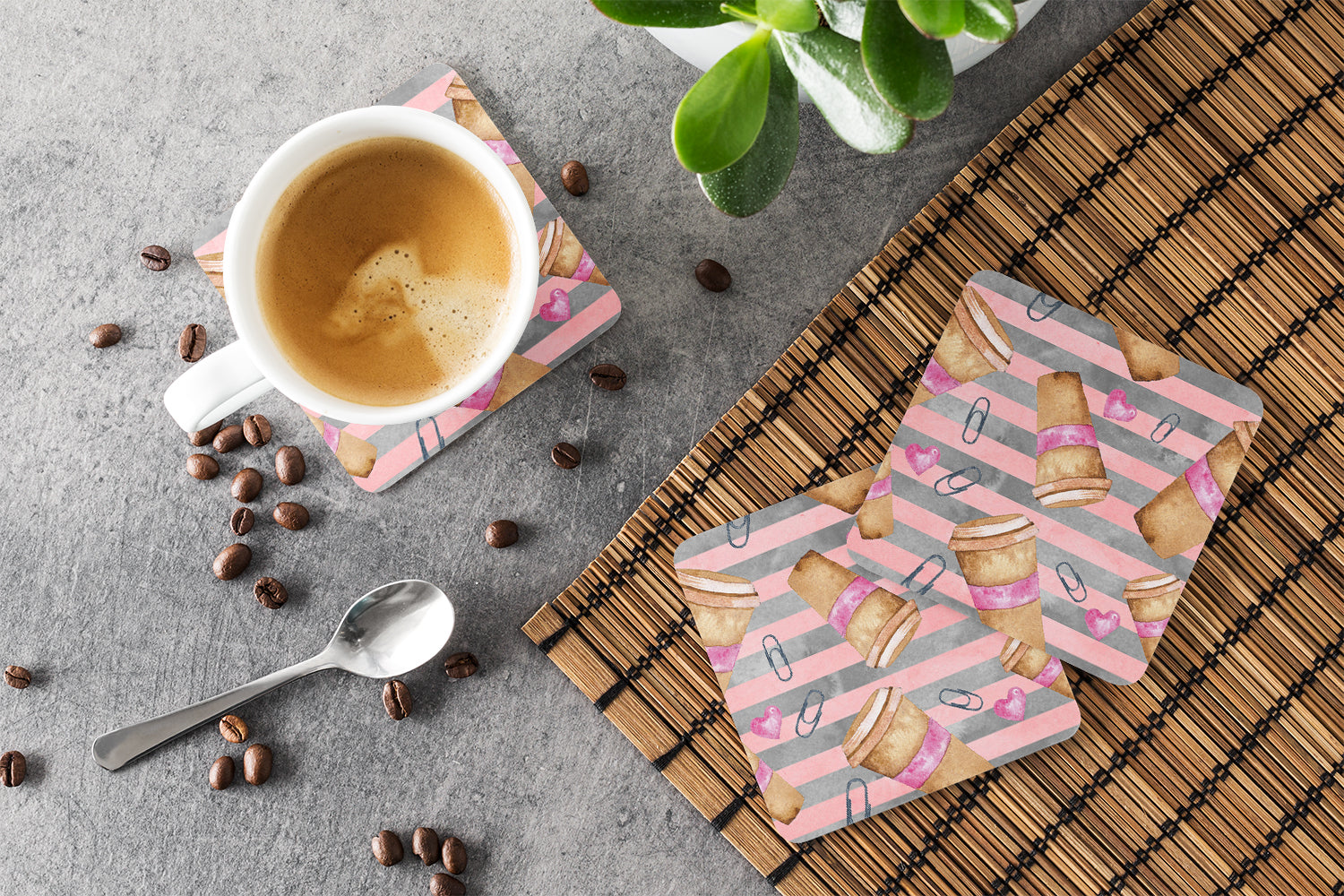 Watercolor Coffee and Paper Clips Foam Coasters Set of 4 Cup Coasters for Indoor Outdoor, Tabletop Protection, Anti Slip, Mouse pad Material