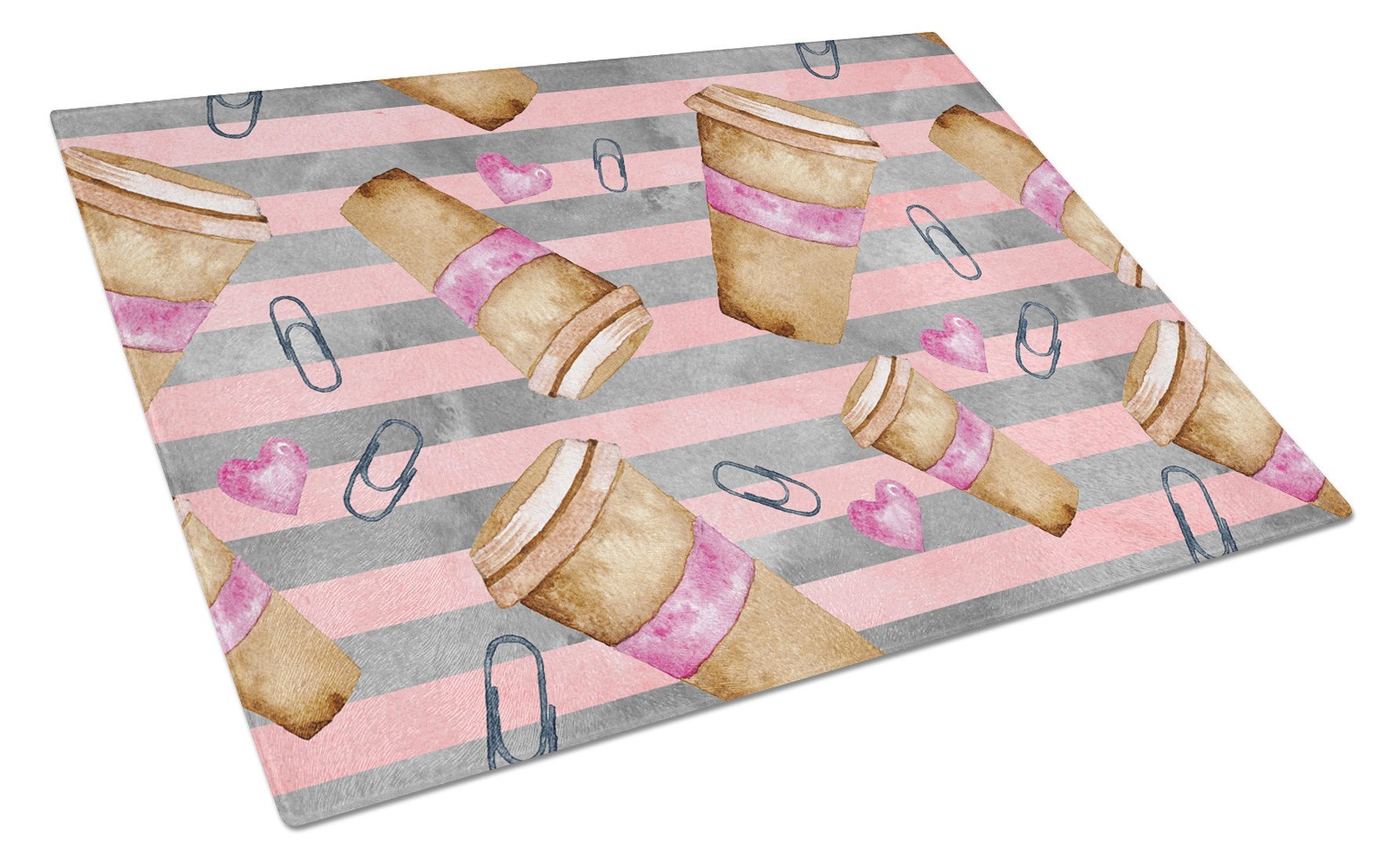 Watercolor Coffee and Paper Clips Cutting Board Tempered Glass Kitchen Cutting Surface, Heat Resistant Chopping, Non-Slip Feet, Food Prep & Serving