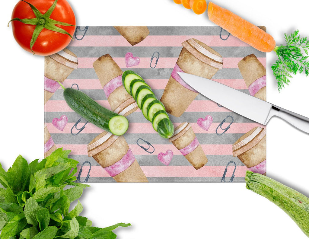 Watercolor Coffee and Paper Clips Cutting Board Tempered Glass Kitchen Cutting Surface, Heat Resistant Chopping, Non-Slip Feet, Food Prep & Serving