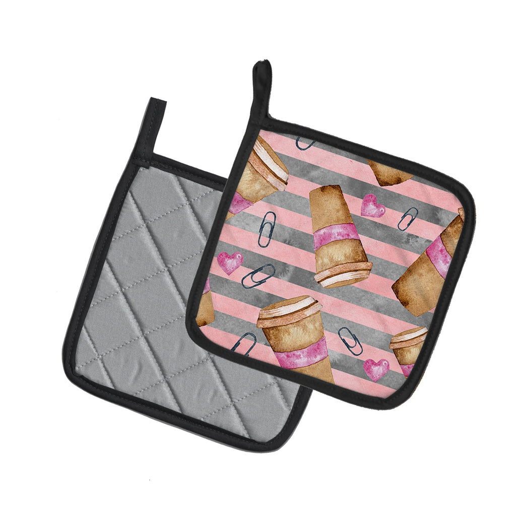 Watercolor Coffee and Paper Clips Pot Holder Set of 2 Heat Resistant Quilted Hot Pads 7.5 x 7.5 Inch, Insulated Kitchen Trivets for Cooking & Baking