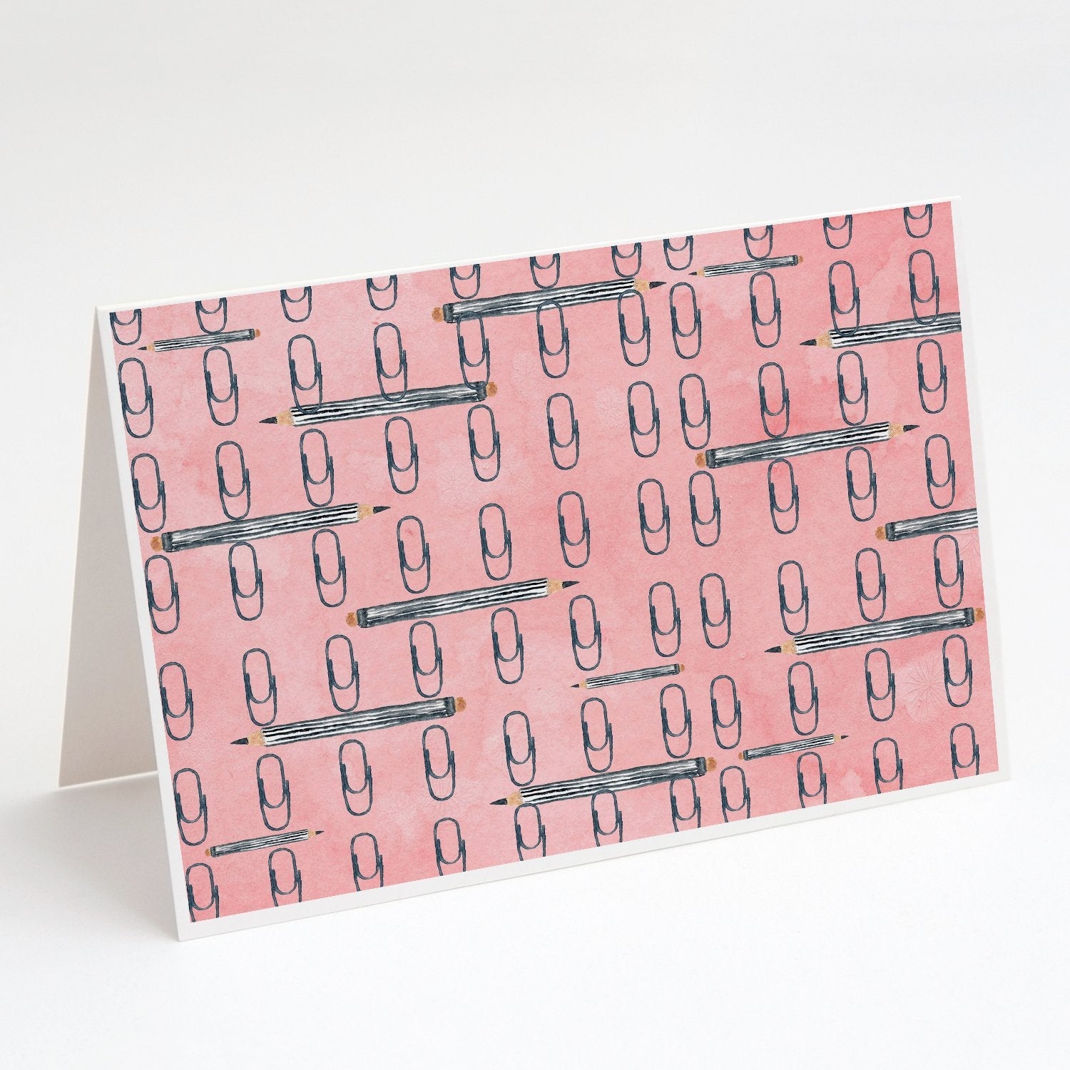 Watercolor Organized Paper Clips Pink Greeting Cards Pack of 8 Blank Cards with Envelopes Whimsical A7 Size 5x7