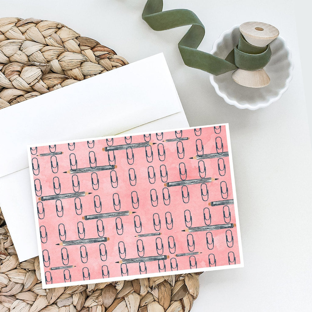 Watercolor Organized Paper Clips Pink Greeting Cards Pack of 8 Blank Cards with Envelopes Whimsical A7 Size 5x7
