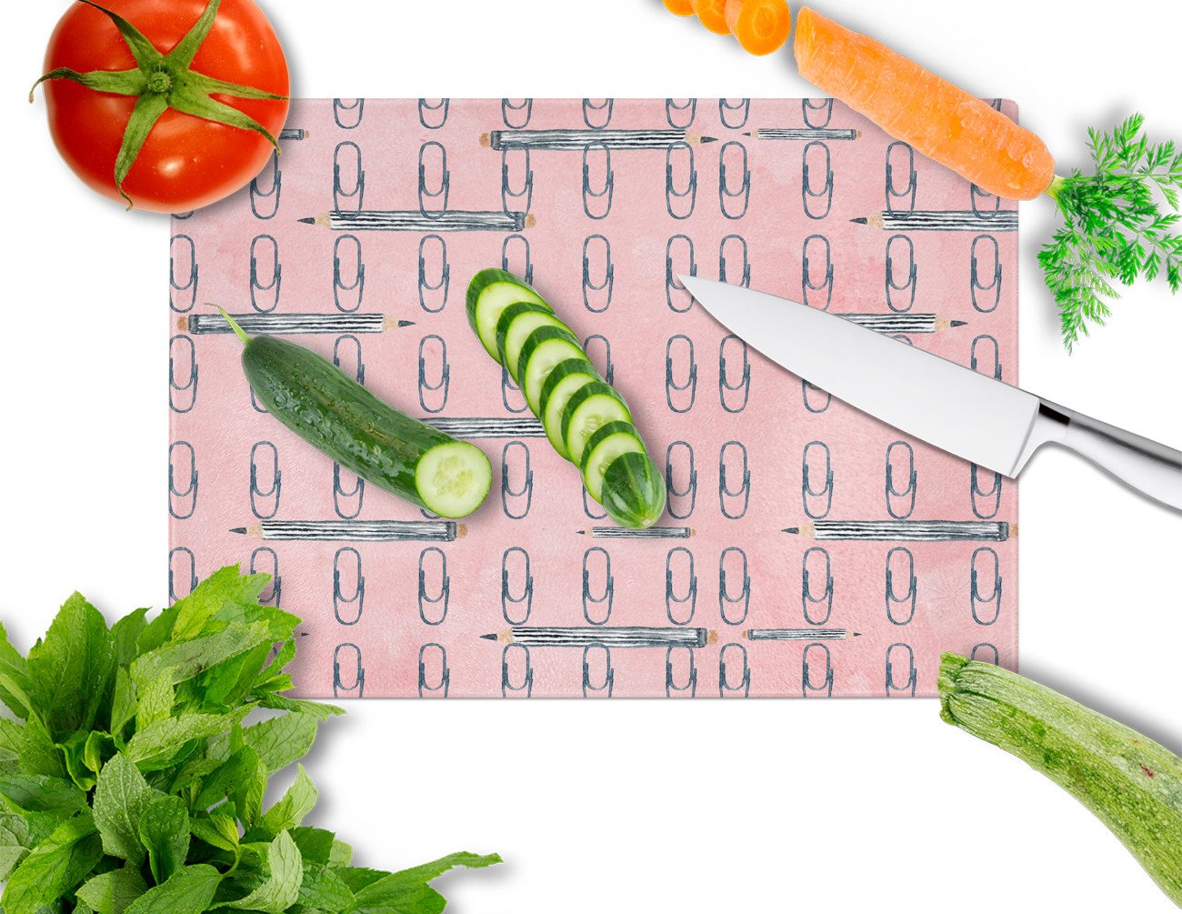 Watercolor Organized Paper Clips Pink Cutting Board Tempered Glass Kitchen Cutting Surface, Heat Resistant Chopping, Non-Slip Feet, Food Prep & Serving