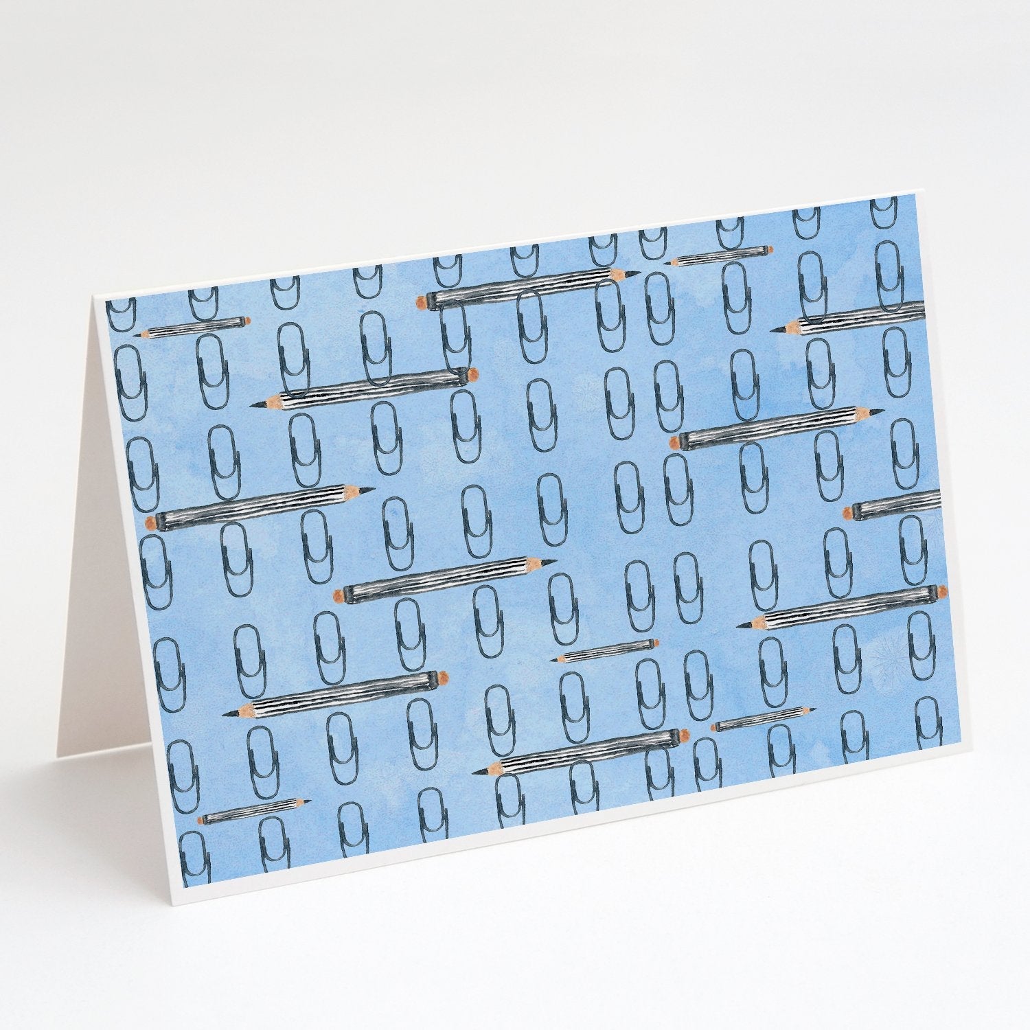 Watercolor Organized Paper Clips Blue Greeting Cards Pack of 8 Blank Cards with Envelopes Whimsical A7 Size 5x7