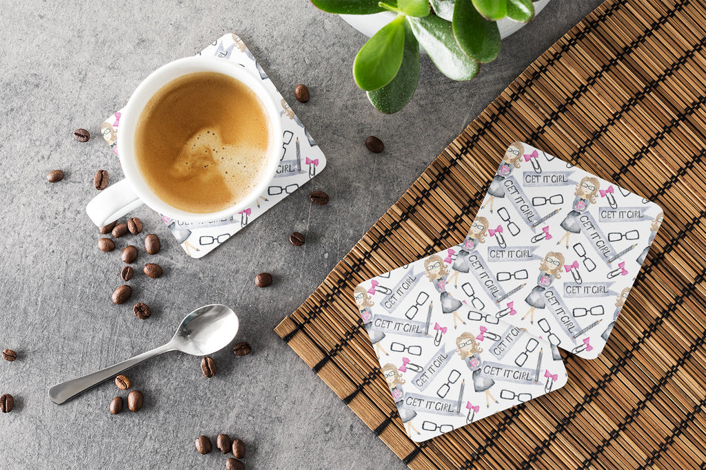 Watercolor Girl Boss Get it Girl Foam Coasters Set of 4 Cup Coasters for Indoor Outdoor, Tabletop Protection, Anti Slip, Mouse pad Material