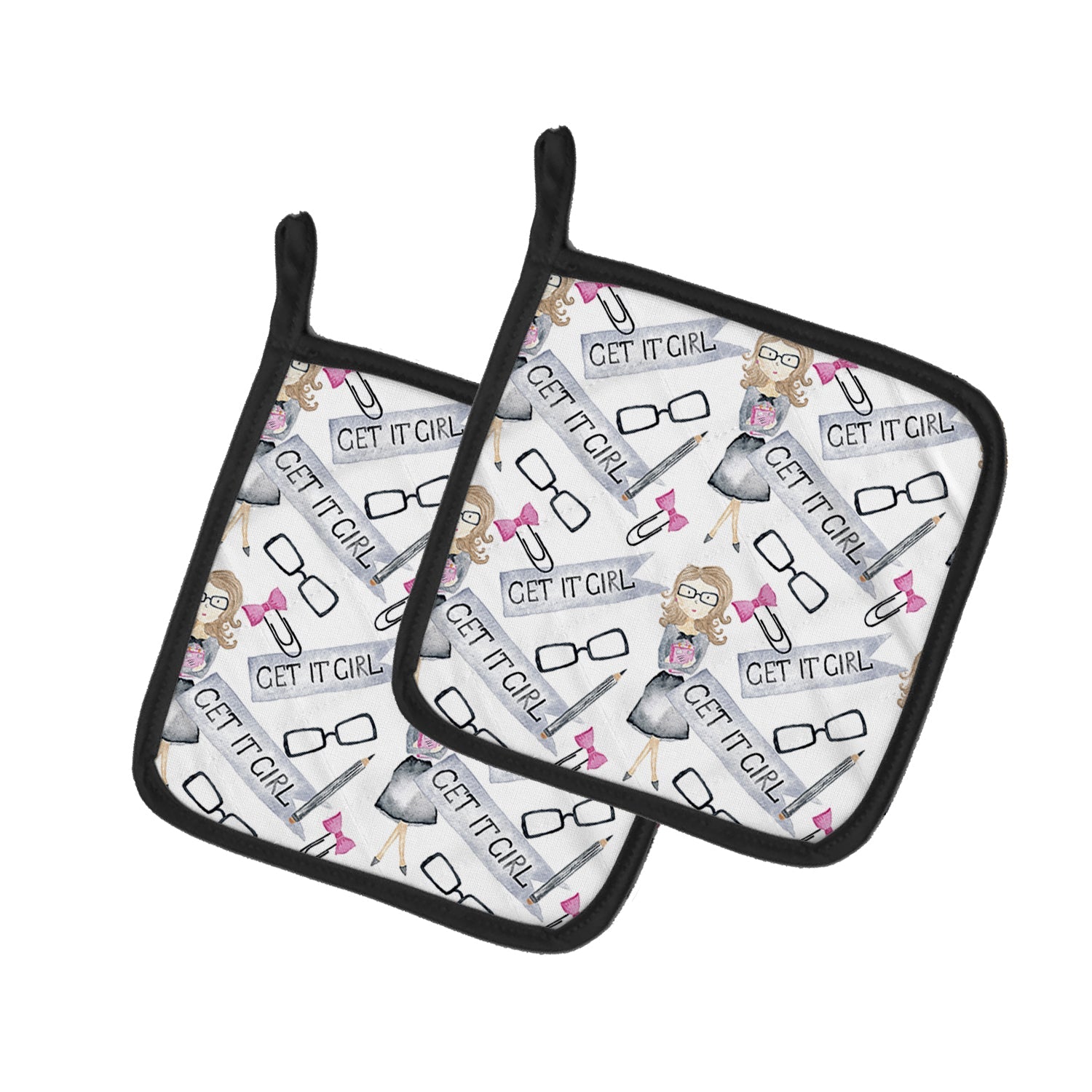 Watercolor Girl Boss Get it Girl Pot Holder Set of 2 Heat Resistant Quilted Hot Pads 7.5 x 7.5 Inch, Insulated Kitchen Trivets for Cooking & Baking