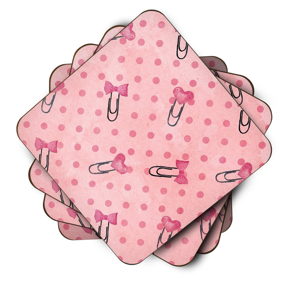 Watercolor Paper Clips and Polkadots Pink Foam Coasters Set of 4 Cup Coasters for Indoor Outdoor, Tabletop Protection, Anti Slip, Mouse pad Material