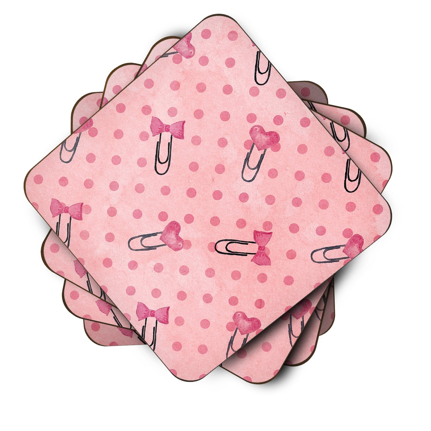 Watercolor Paper Clips and Polkadots Pink Foam Coasters Set of 4 Cup Coasters for Indoor Outdoor, Tabletop Protection, Anti Slip, Mouse pad Material