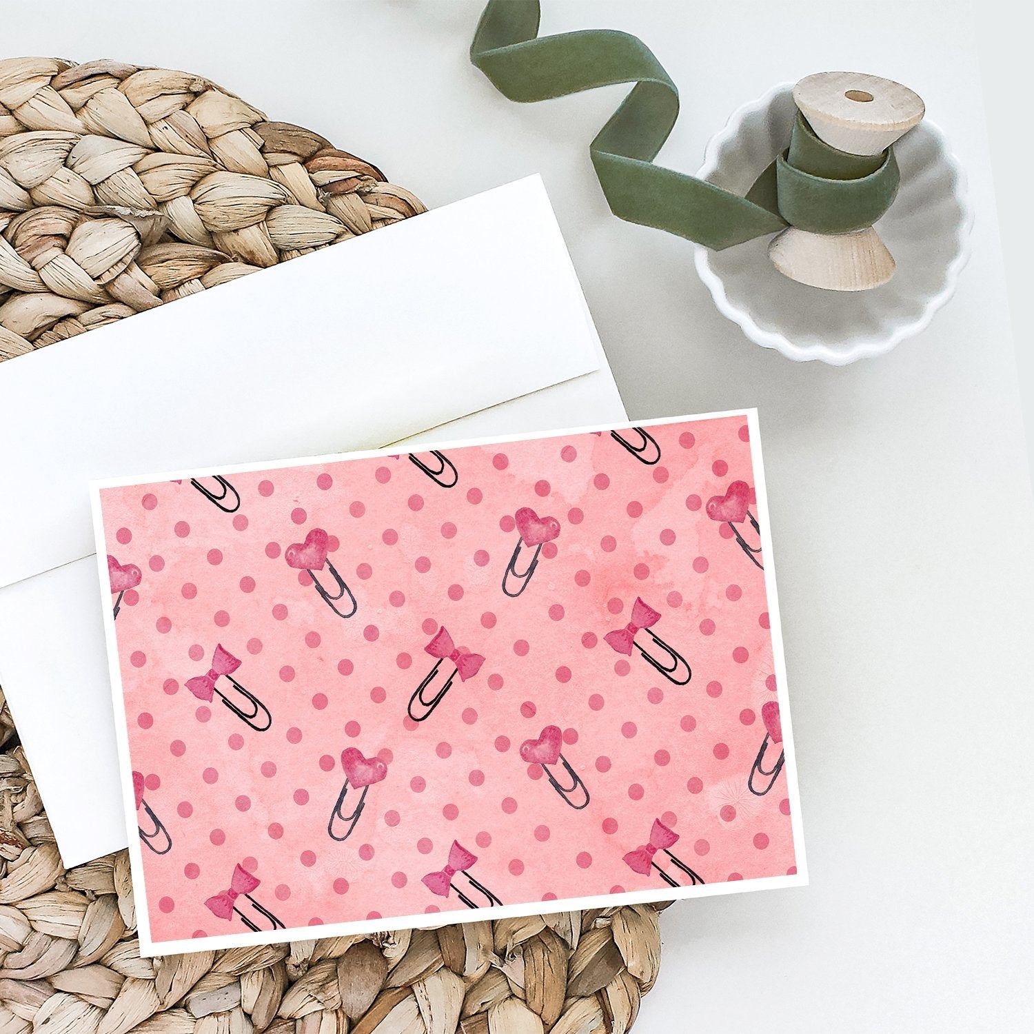 Watercolor Paper Clips and Polkadots Pink Greeting Cards Pack of 8 Blank Cards with Envelopes Whimsical A7 Size 5x7