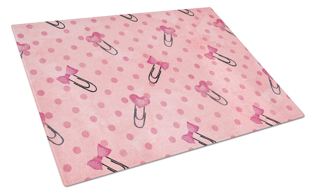 Watercolor Paper Clips and Polkadots Pink Cutting Board Tempered Glass Kitchen Cutting Surface, Heat Resistant Chopping, Non-Slip Feet, Food Prep & Serving