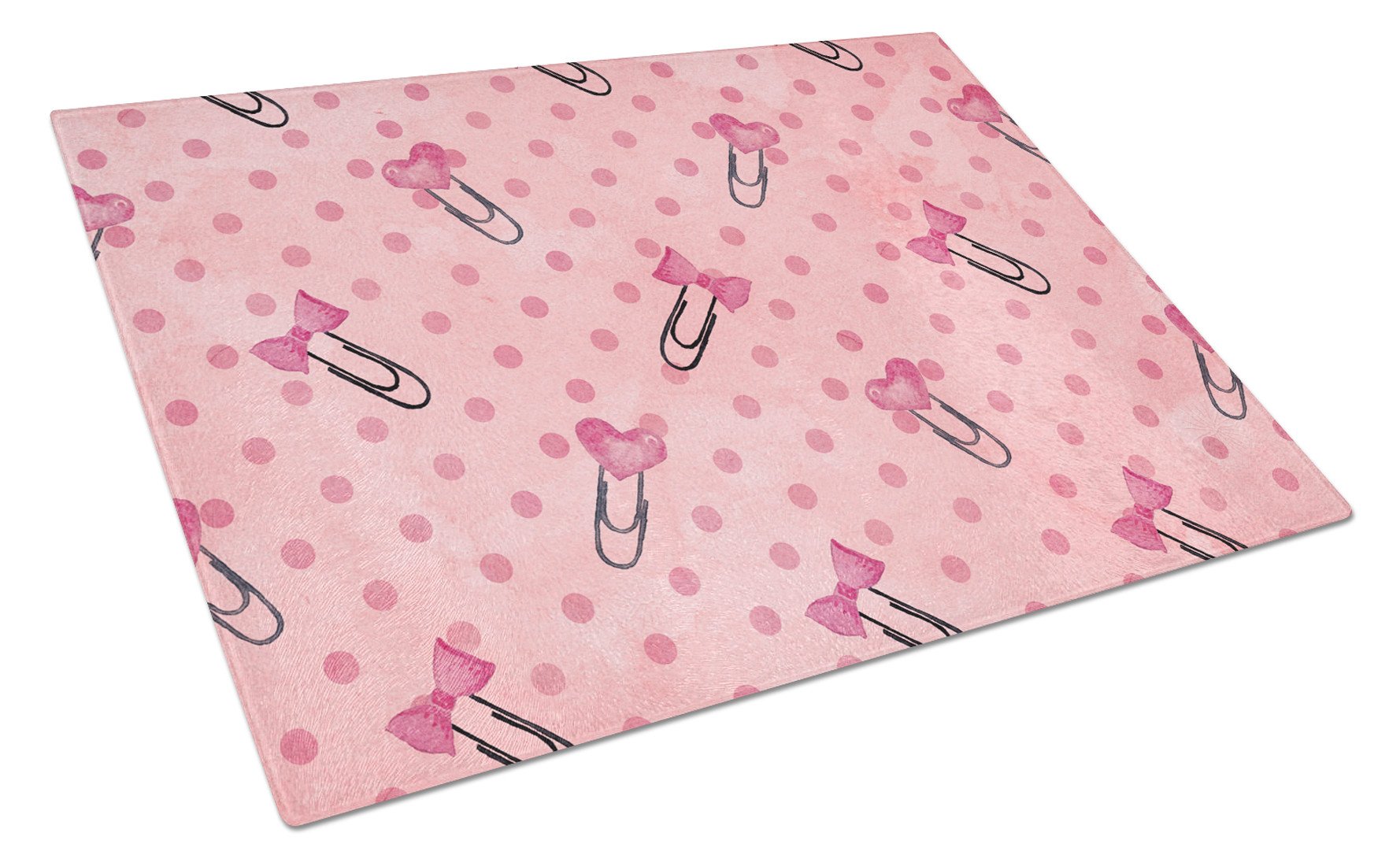 Watercolor Paper Clips and Polkadots Pink Cutting Board Tempered Glass Kitchen Cutting Surface, Heat Resistant Chopping, Non-Slip Feet, Food Prep & Serving