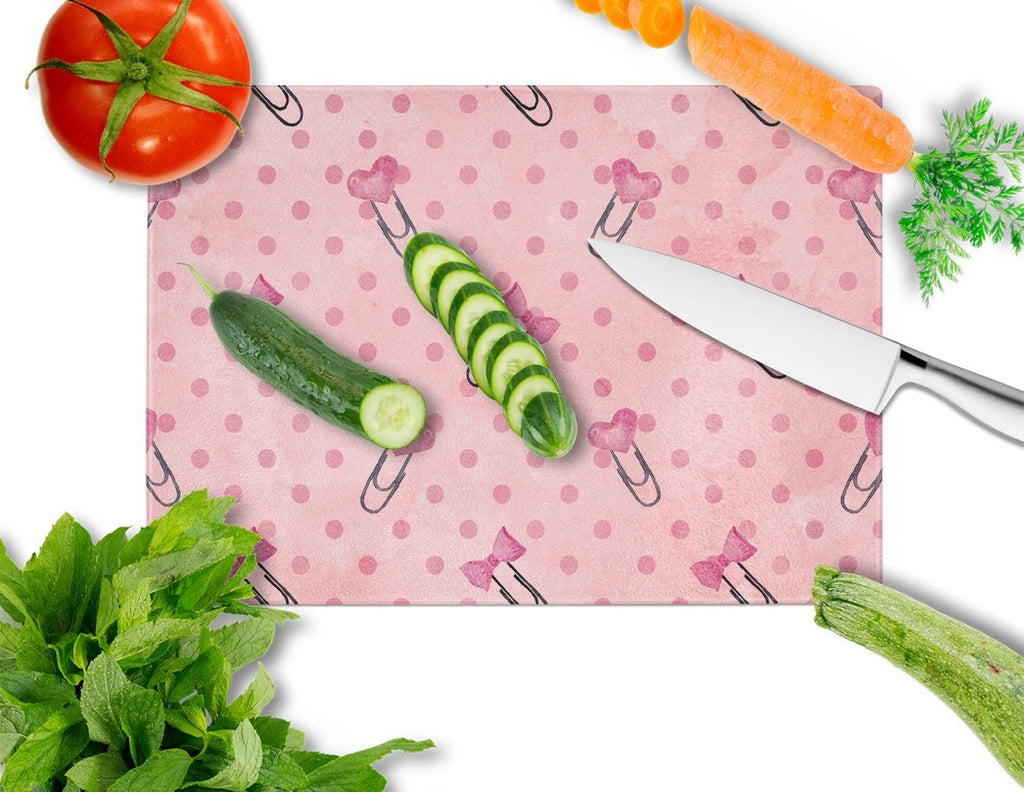 Watercolor Paper Clips and Polkadots Pink Cutting Board Tempered Glass Kitchen Cutting Surface, Heat Resistant Chopping, Non-Slip Feet, Food Prep & Serving