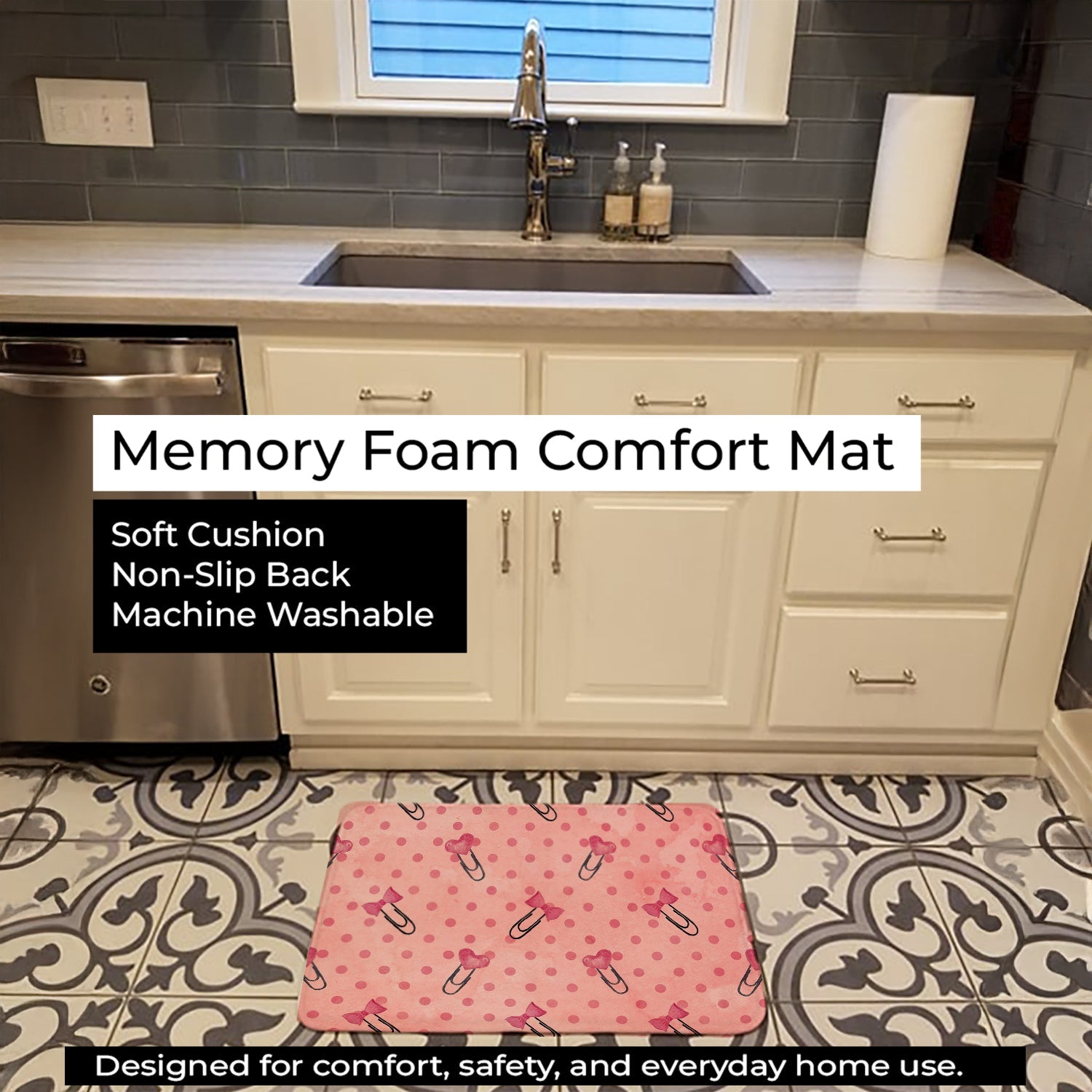 Watercolor Paper Clips and Polkadots Pink Memory Foam Kitchen Mat Machine Washable Anti-Fatigue Cushion Comfort Bath or Kitchen Rug