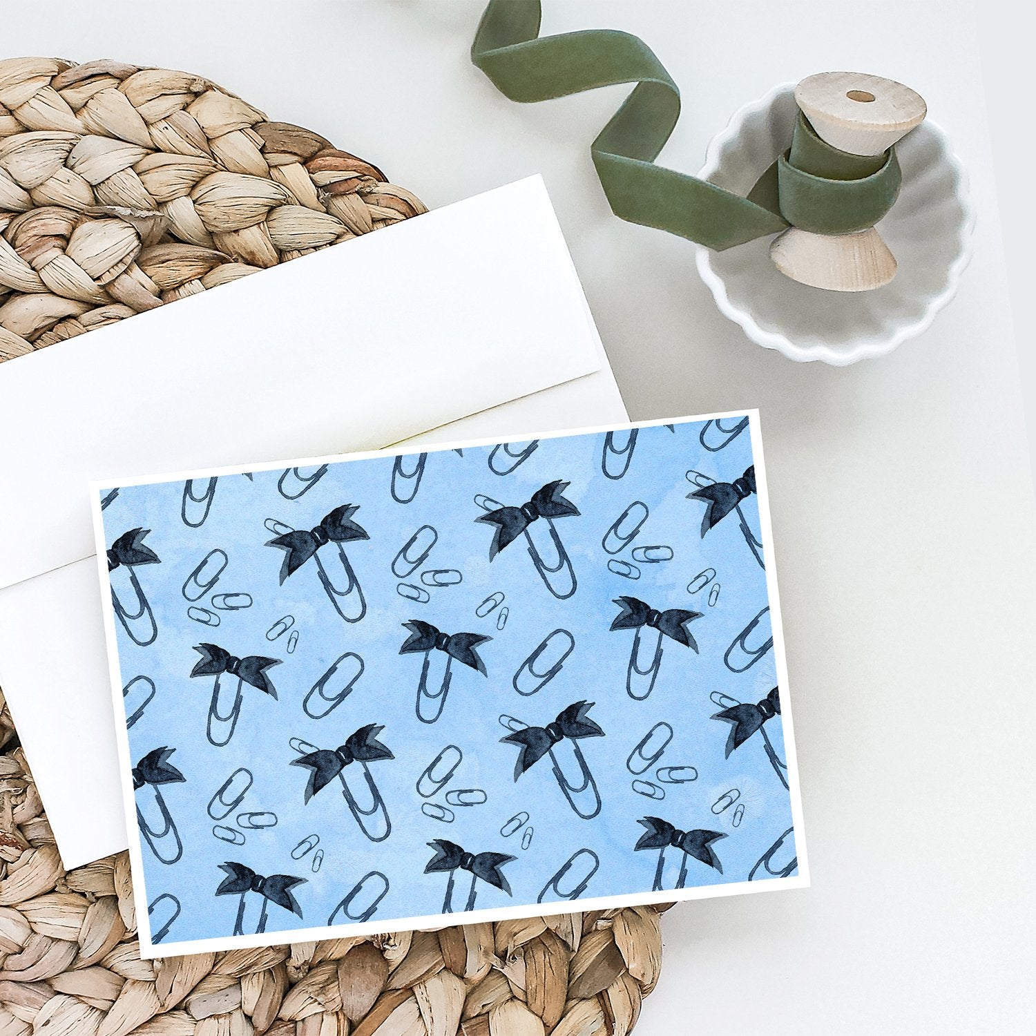 Watercolor Paper Clips Blue Greeting Cards Pack of 8 Blank Cards with Envelopes Whimsical A7 Size 5x7
