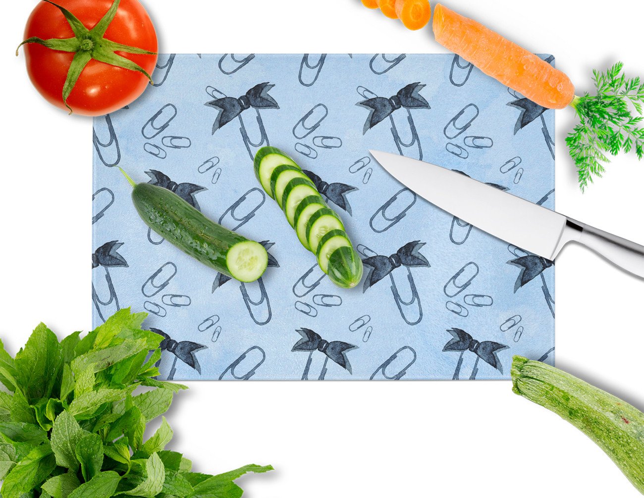 Watercolor Paper Clips Blue Cutting Board Tempered Glass Kitchen Cutting Surface, Heat Resistant Chopping, Non-Slip Feet, Food Prep & Serving